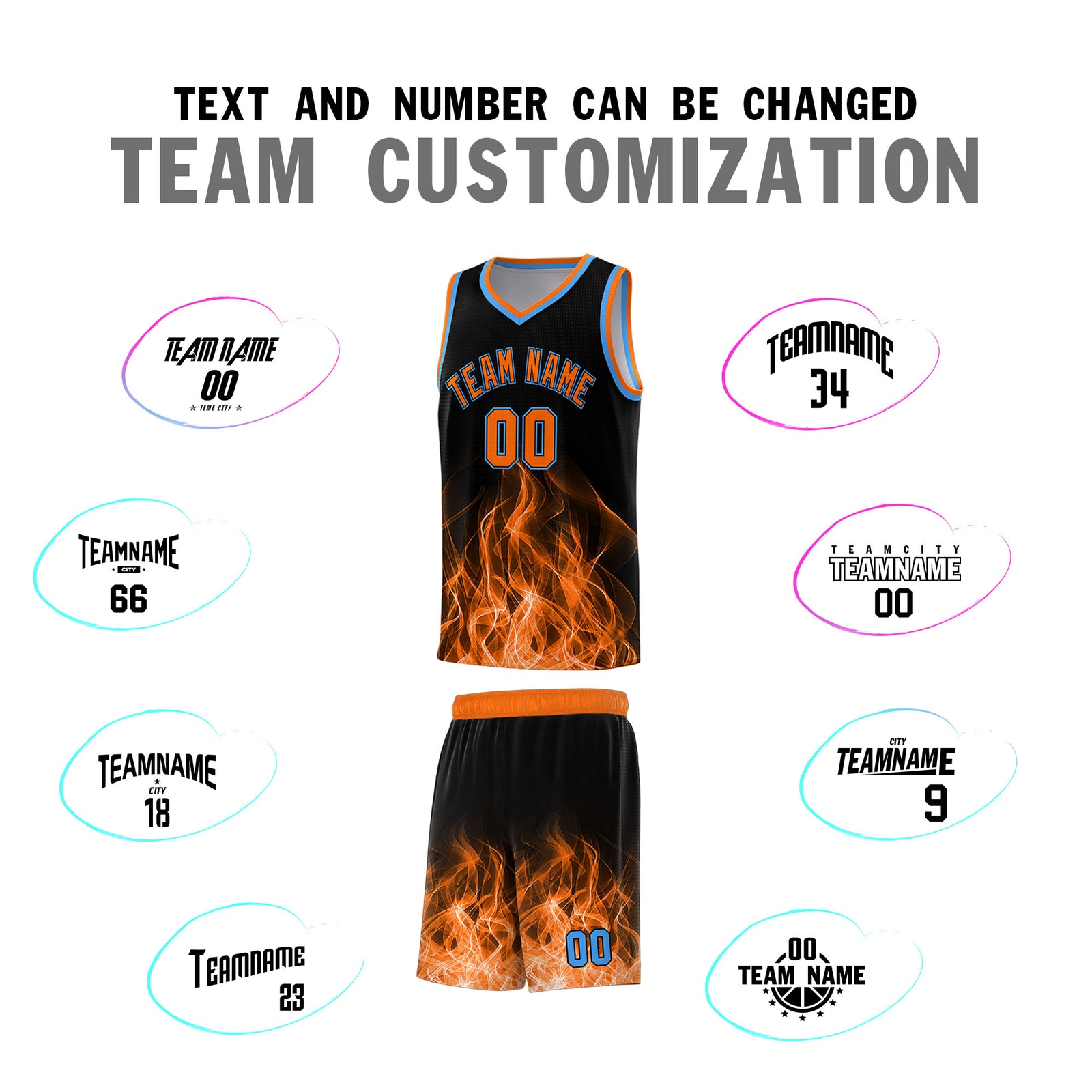 Custom Youth Basketball Jersey Black Orange Flame Design Personalized Team Uniform Set