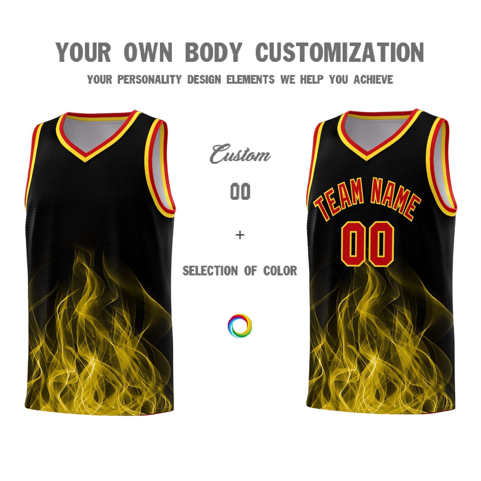Custom Youth Basketball Jersey Black Gold Flame Design Unique Team Uniform Set