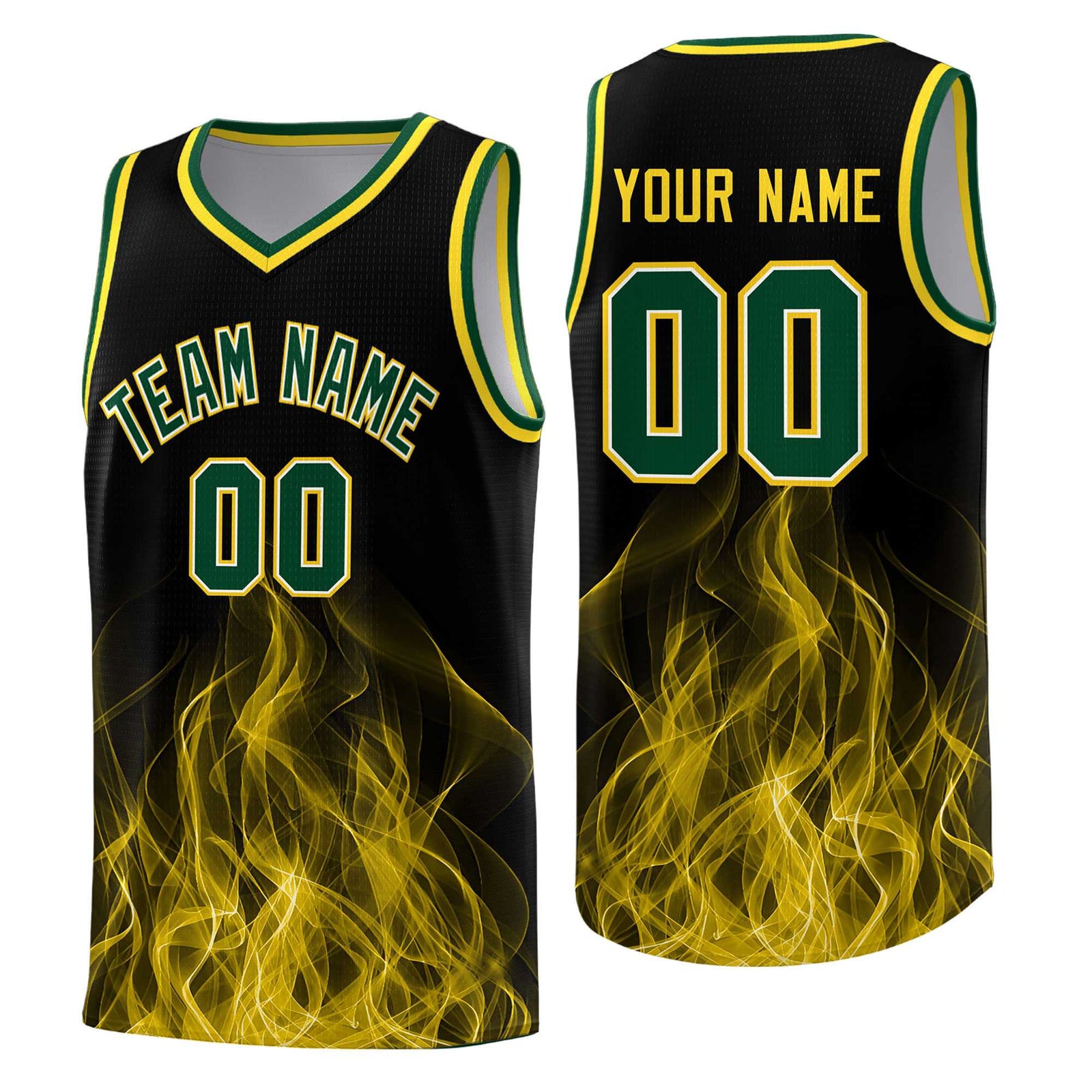 Custom Youth Basketball Jersey Black Gold Flame Design Personalized Team Uniform Set