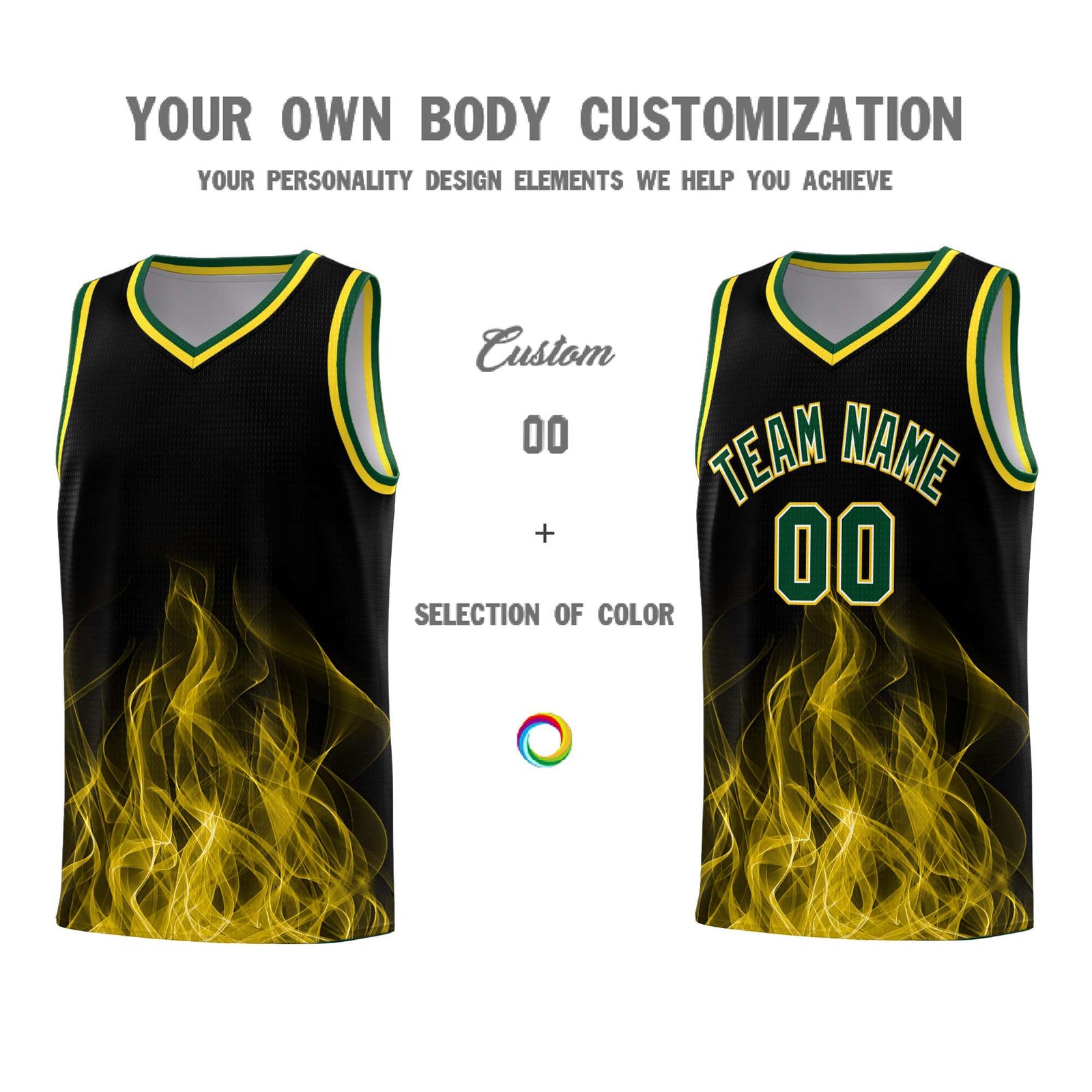 Custom Youth Basketball Jersey Black Gold Flame Design Personalized Team Uniform Set