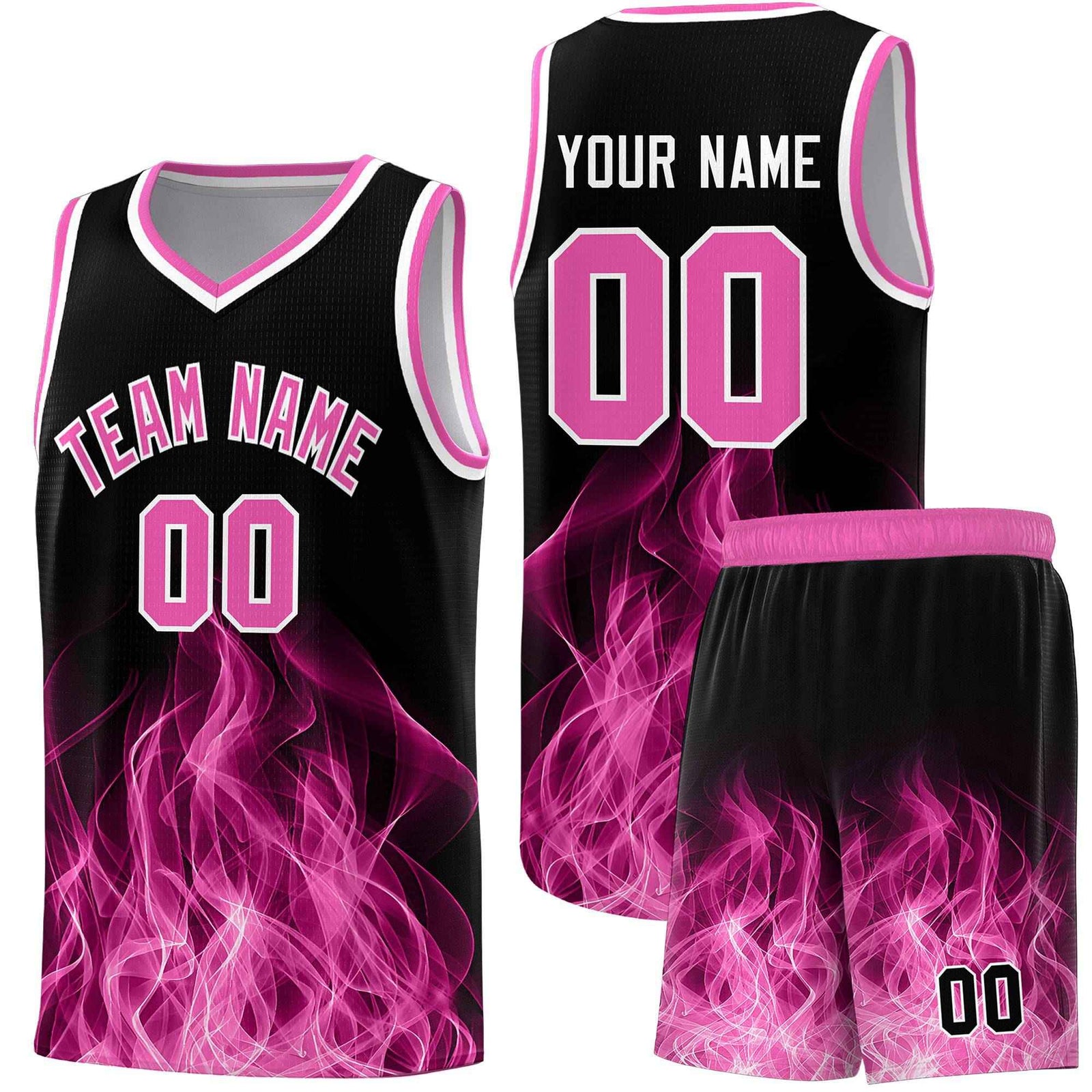 Custom Youth Basketball Jersey Black Pink Flame Fire Design Personalized Team Uniform Set