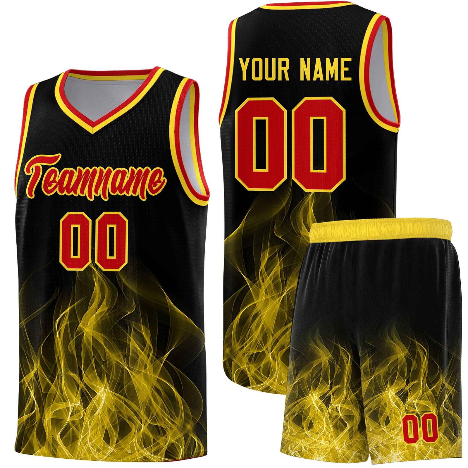 Custom Youth Basketball Jersey Black Gold Flame Design Unique Team Uniform Set