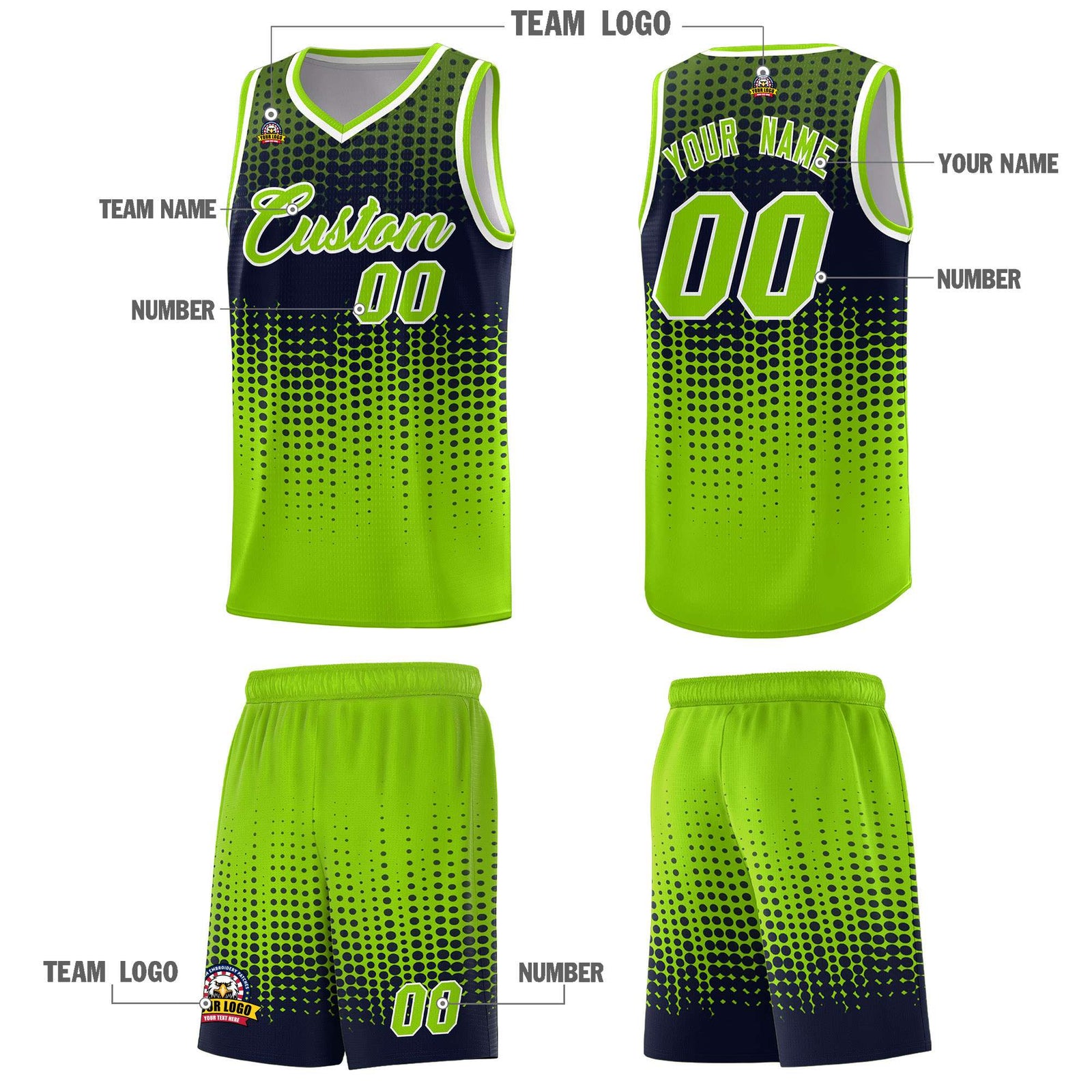 Custom Neon Green Gradient Dots Design Pattern Sports Uniform Basketball Jersey