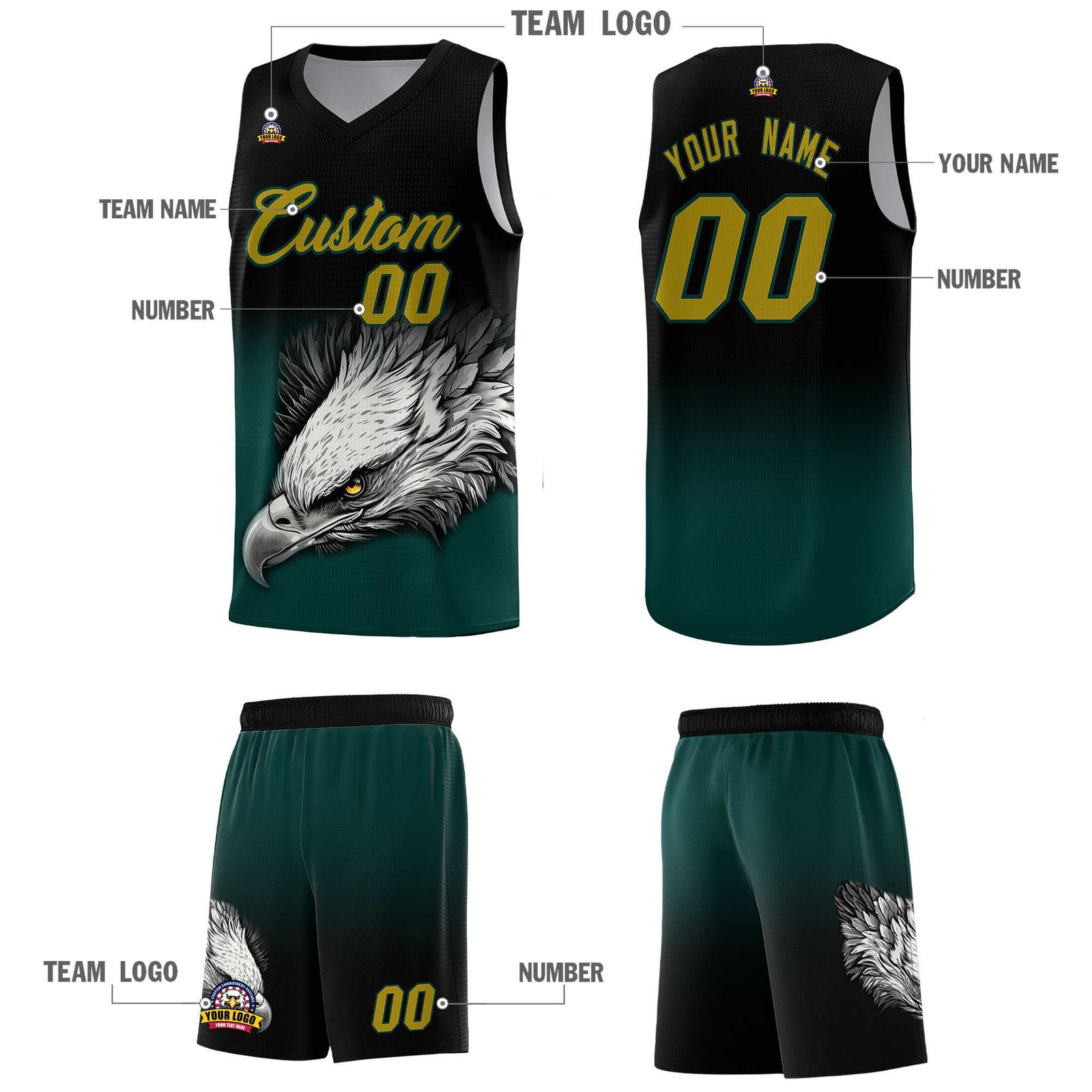 Custom Black Midnight Green Basketball Kits with Eagle Pattern