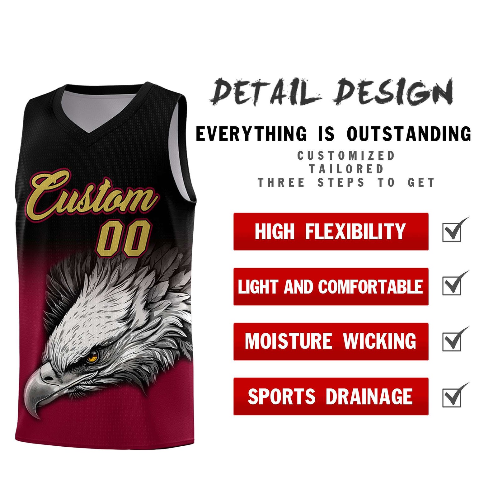 Custom Black Crimson Basketball Kits with Eagle Pattern