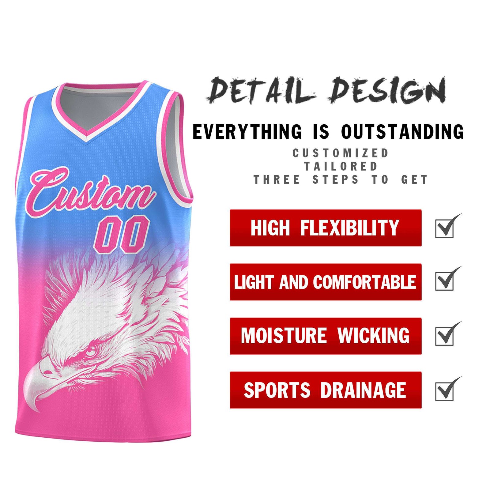 Custom Powder Blue Pink Basketball Kits with Eagle Pattern