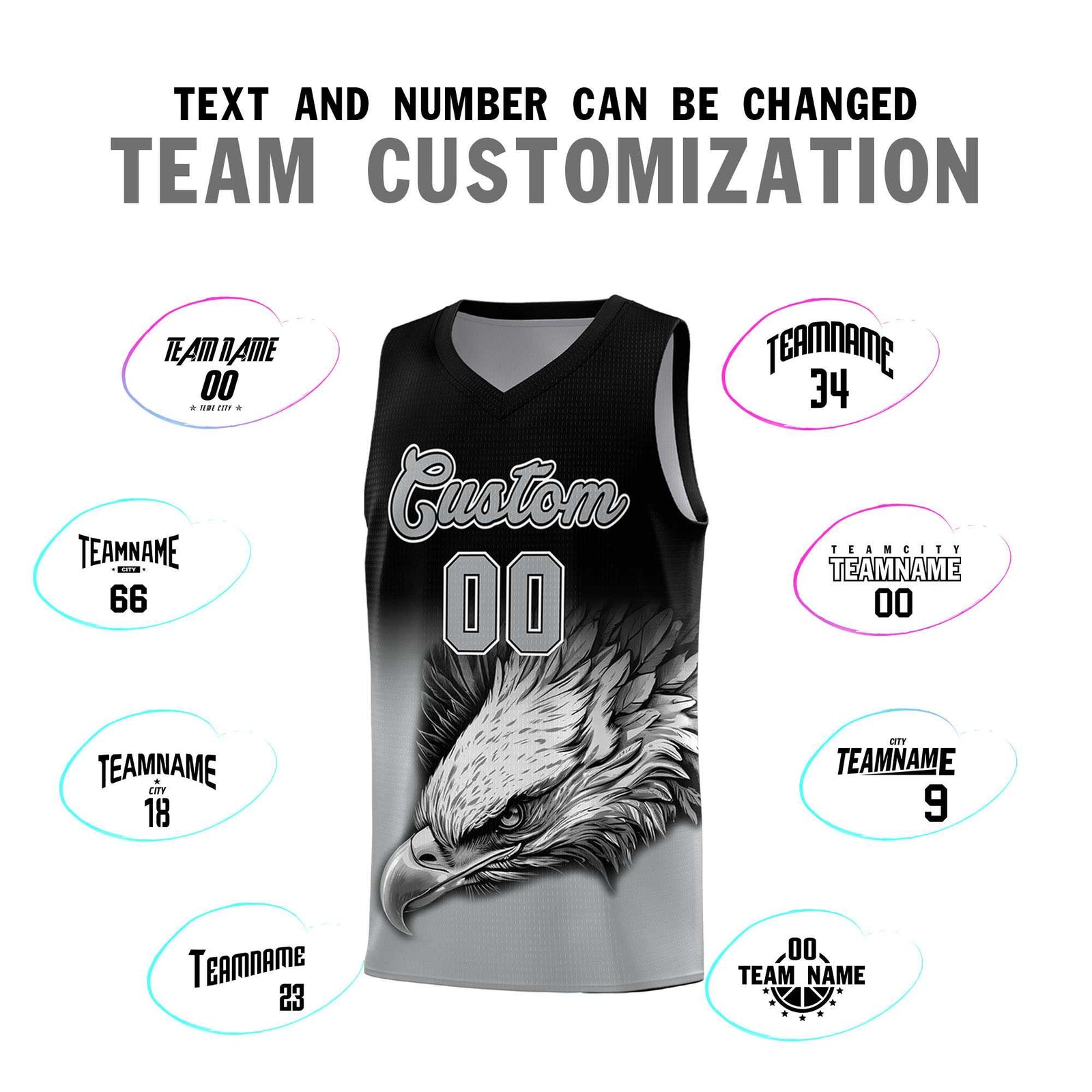 Custom Black Gray Basketball Kits with Eagle Pattern