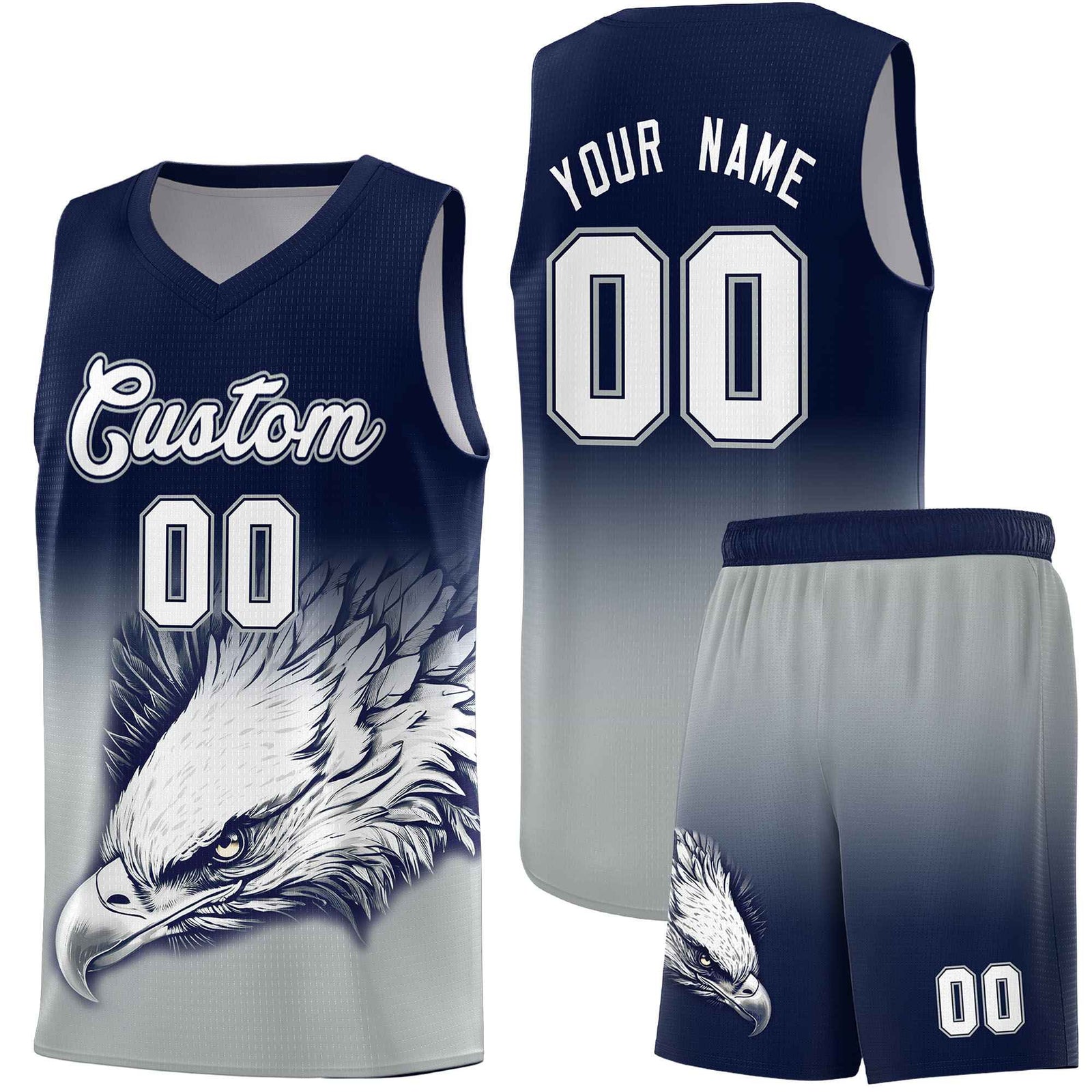 Custom Navy Gray Basketball Kits with Eagle Pattern
