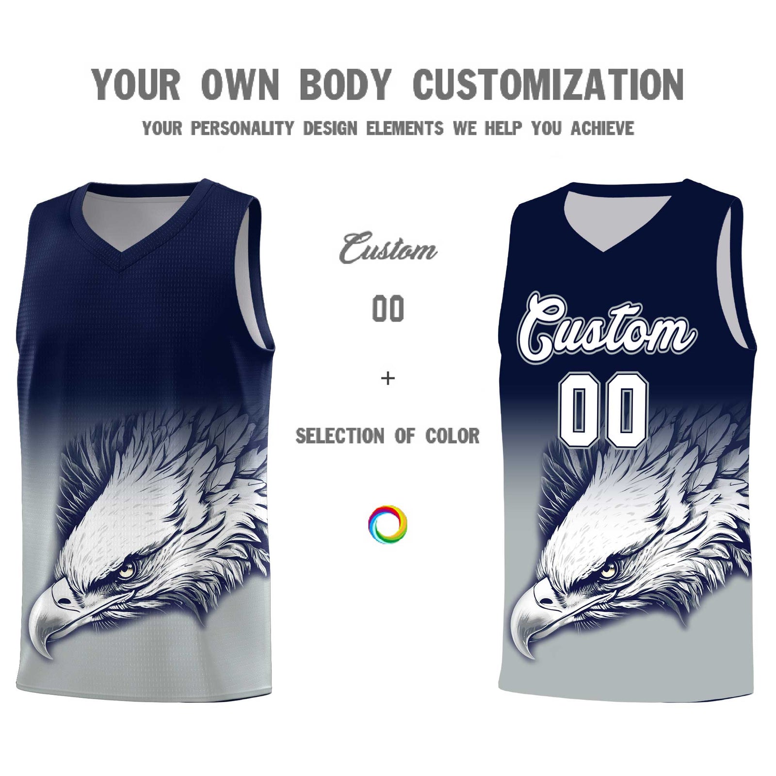 Custom Navy Gray Basketball Kits with Eagle Pattern