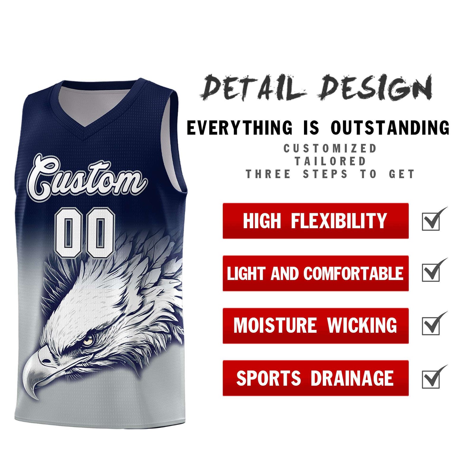 Custom Navy Gray Basketball Kits with Eagle Pattern