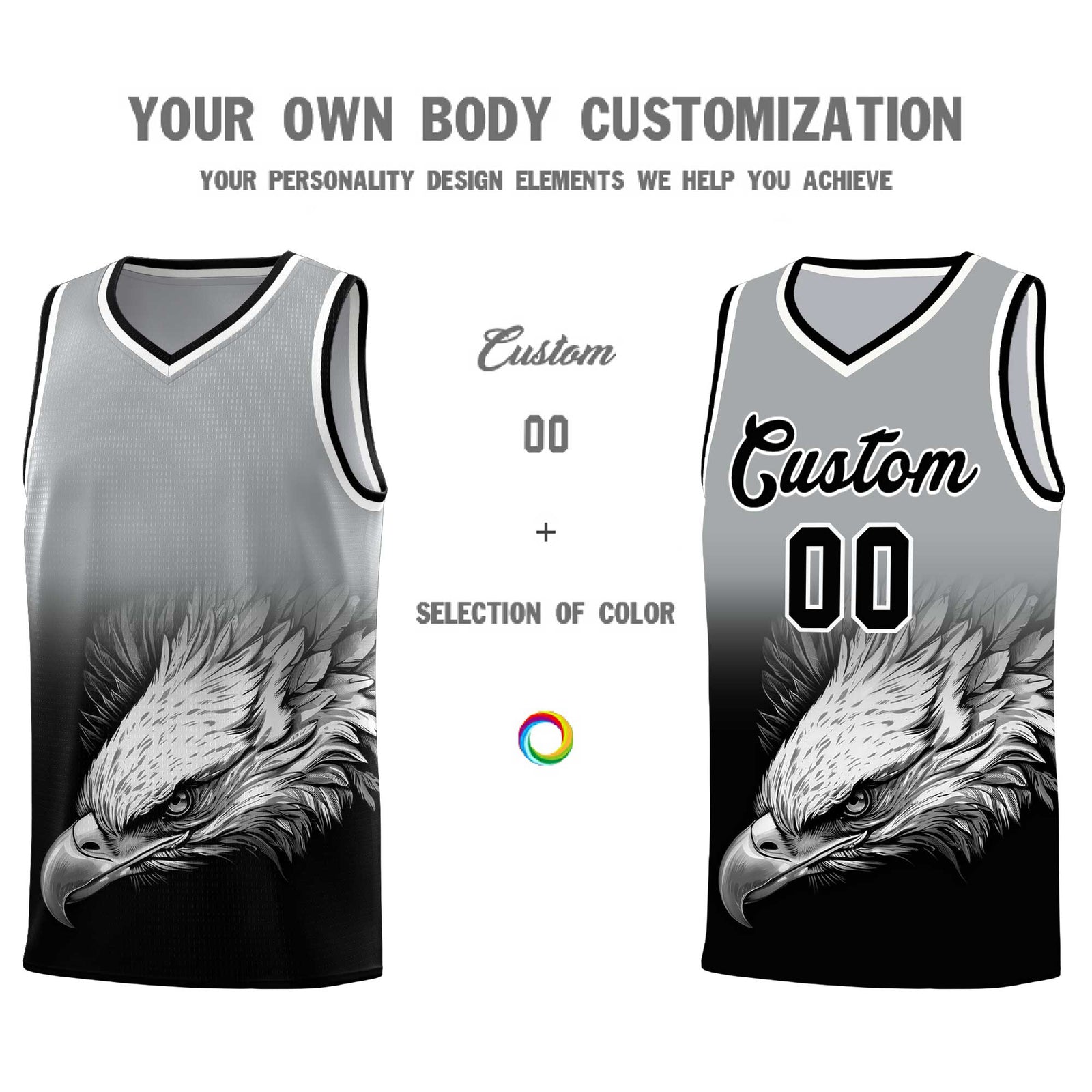 Custom Gray Black Basketball Kits with Eagle Pattern