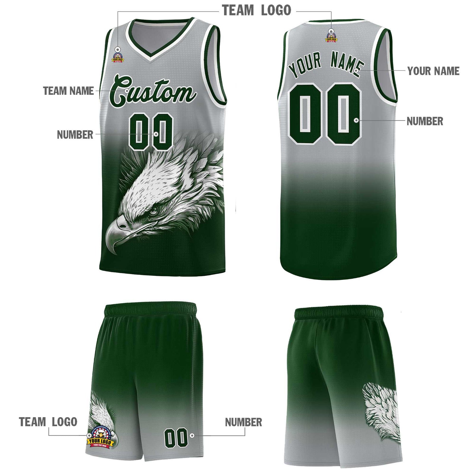 Custom Gray Green Basketball Kits with Eagle Pattern
