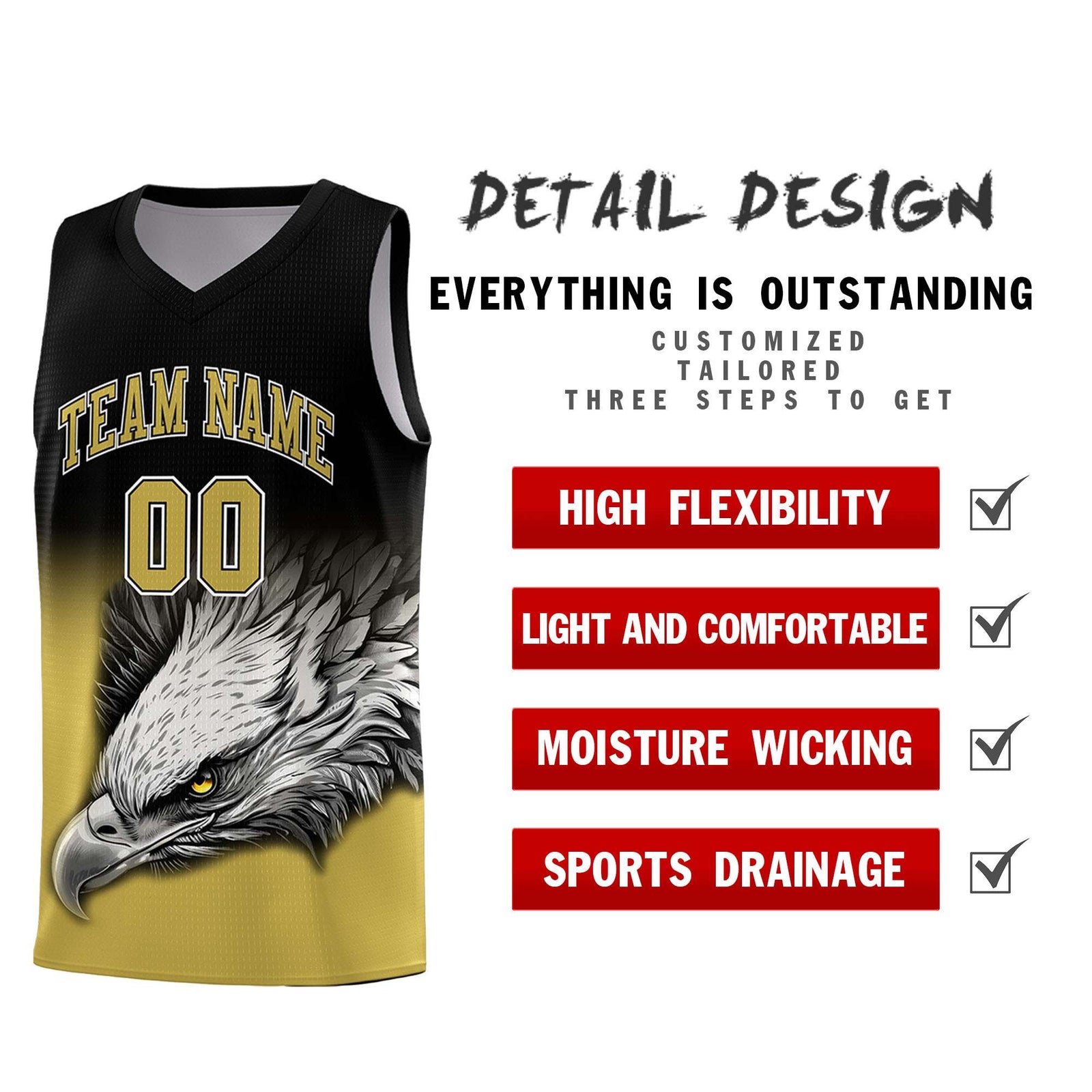 Custom Black Old Gold Basketball Kits with Eagle Pattern