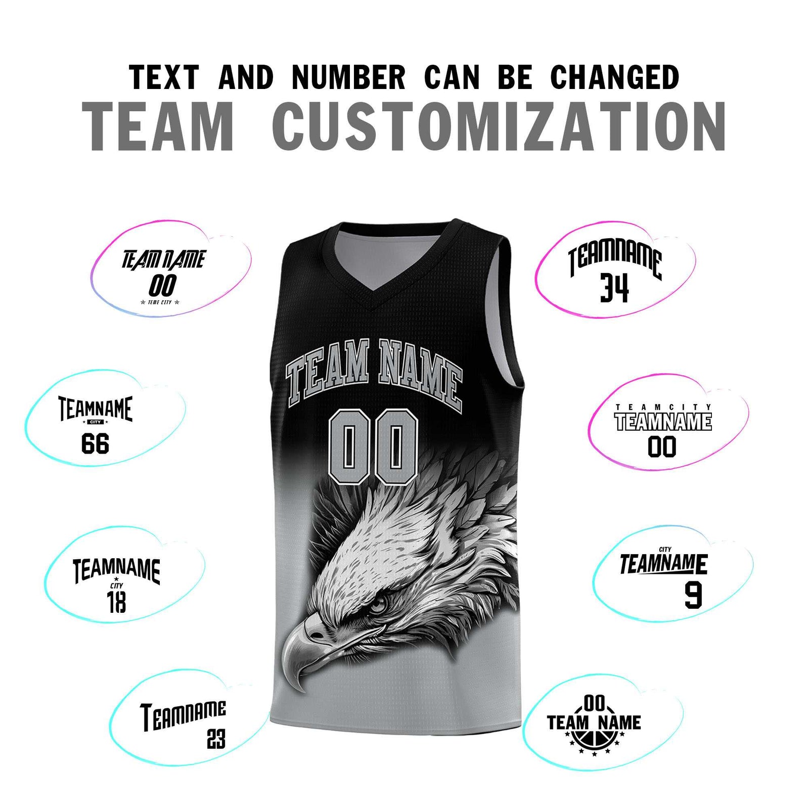 Custom Black Gray Basketball Kits with Eagle Pattern