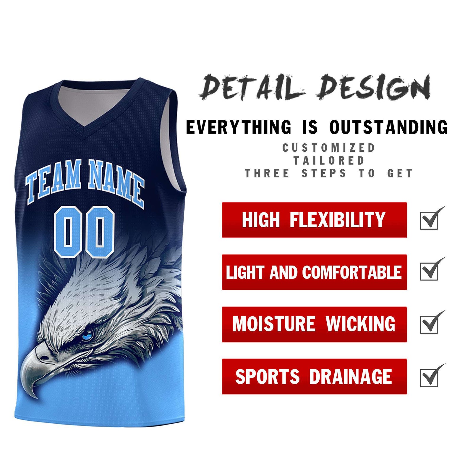 Custom Navy Powder Blue Basketball Kits with Eagle Pattern