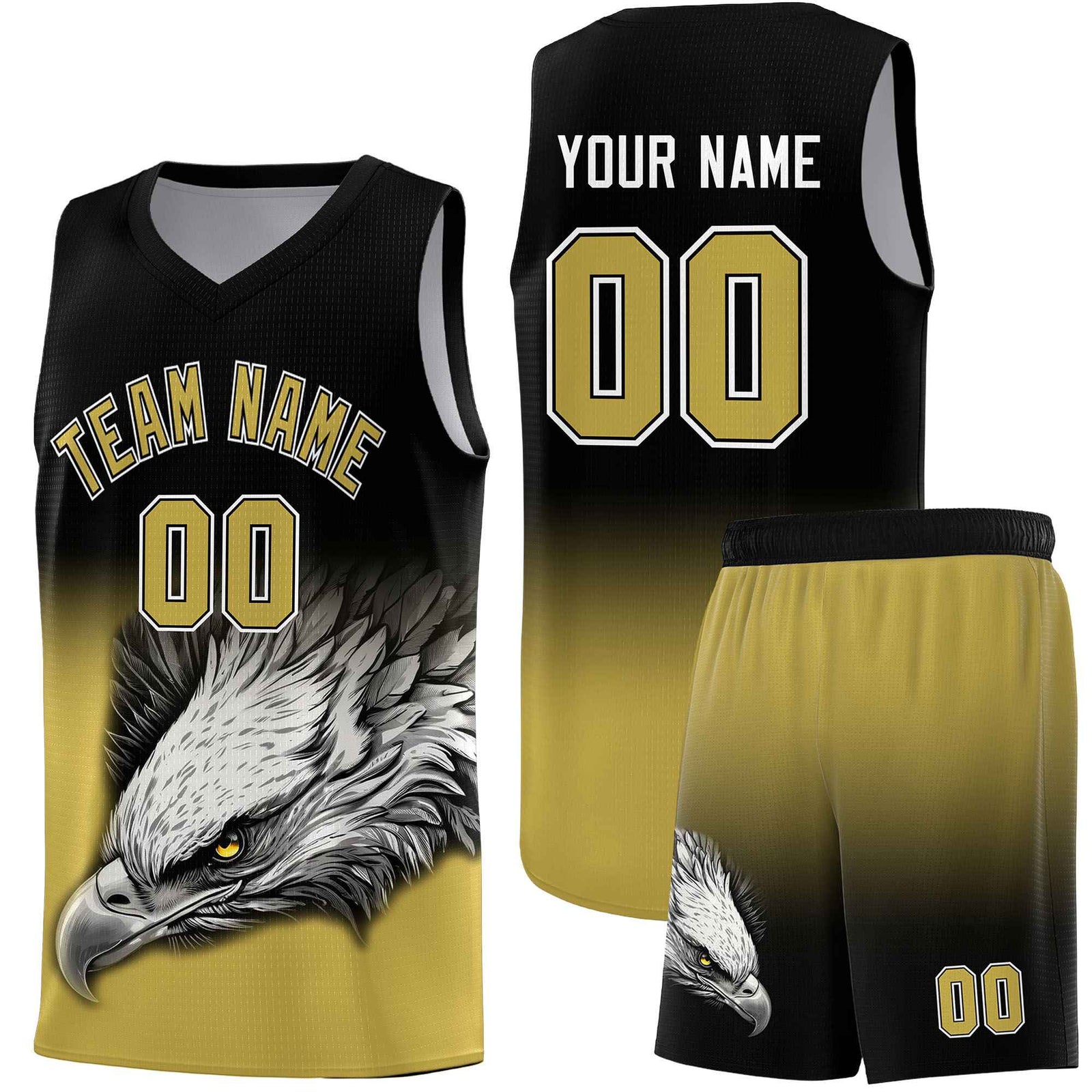 Custom Black Old Gold Basketball Kits with Eagle Pattern