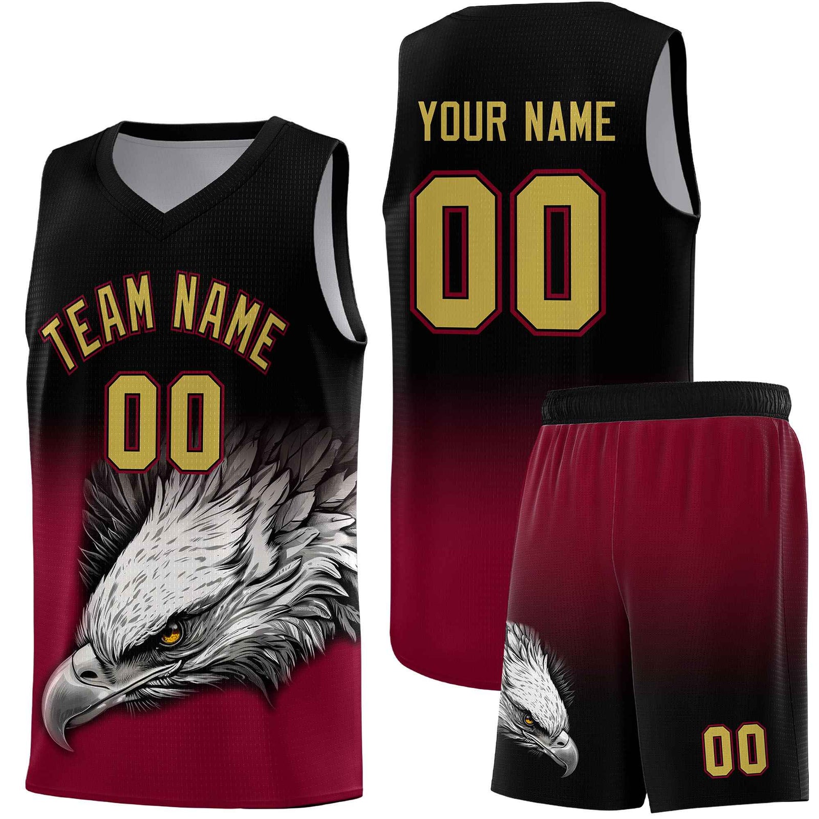 Custom Black Crimson Basketball Kits with Eagle Pattern