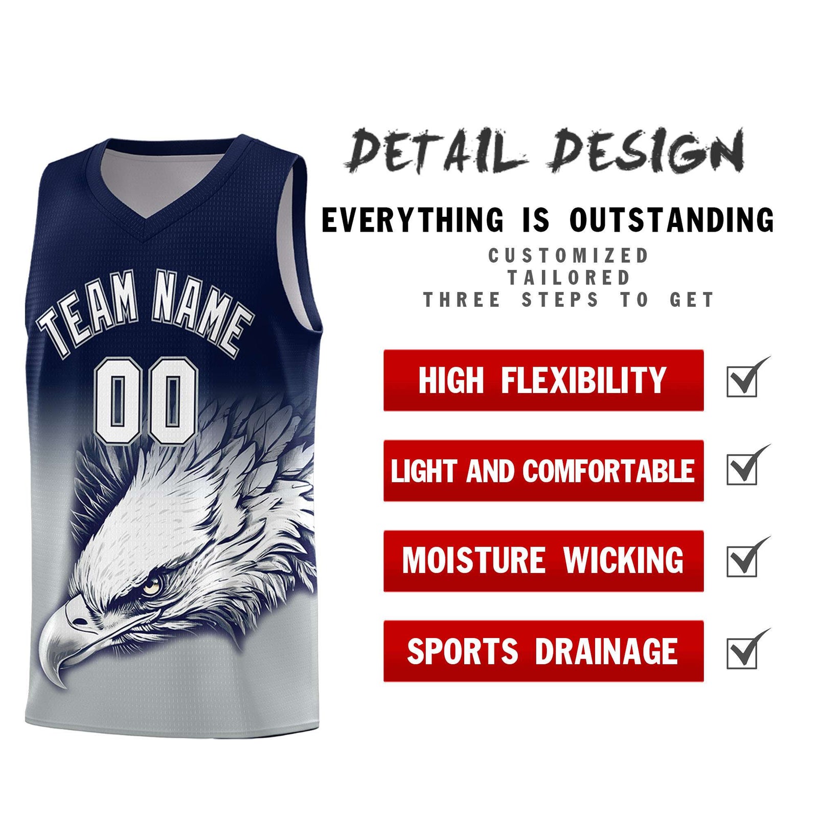 Custom Navy Gray Basketball Kits with Eagle Pattern