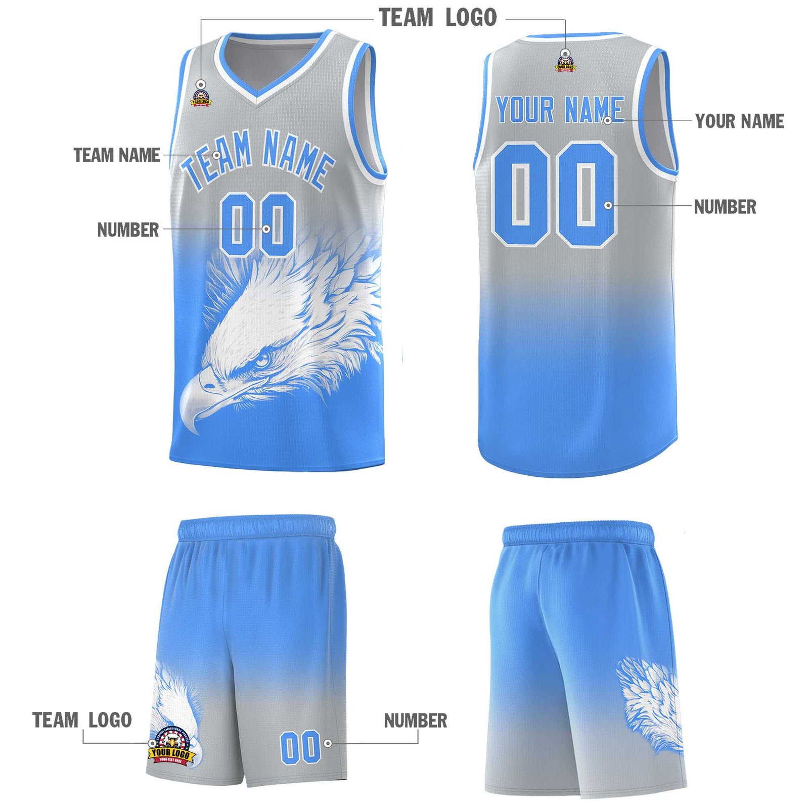 Custom Gray Powder Blue Basketball Kits with Eagle Pattern