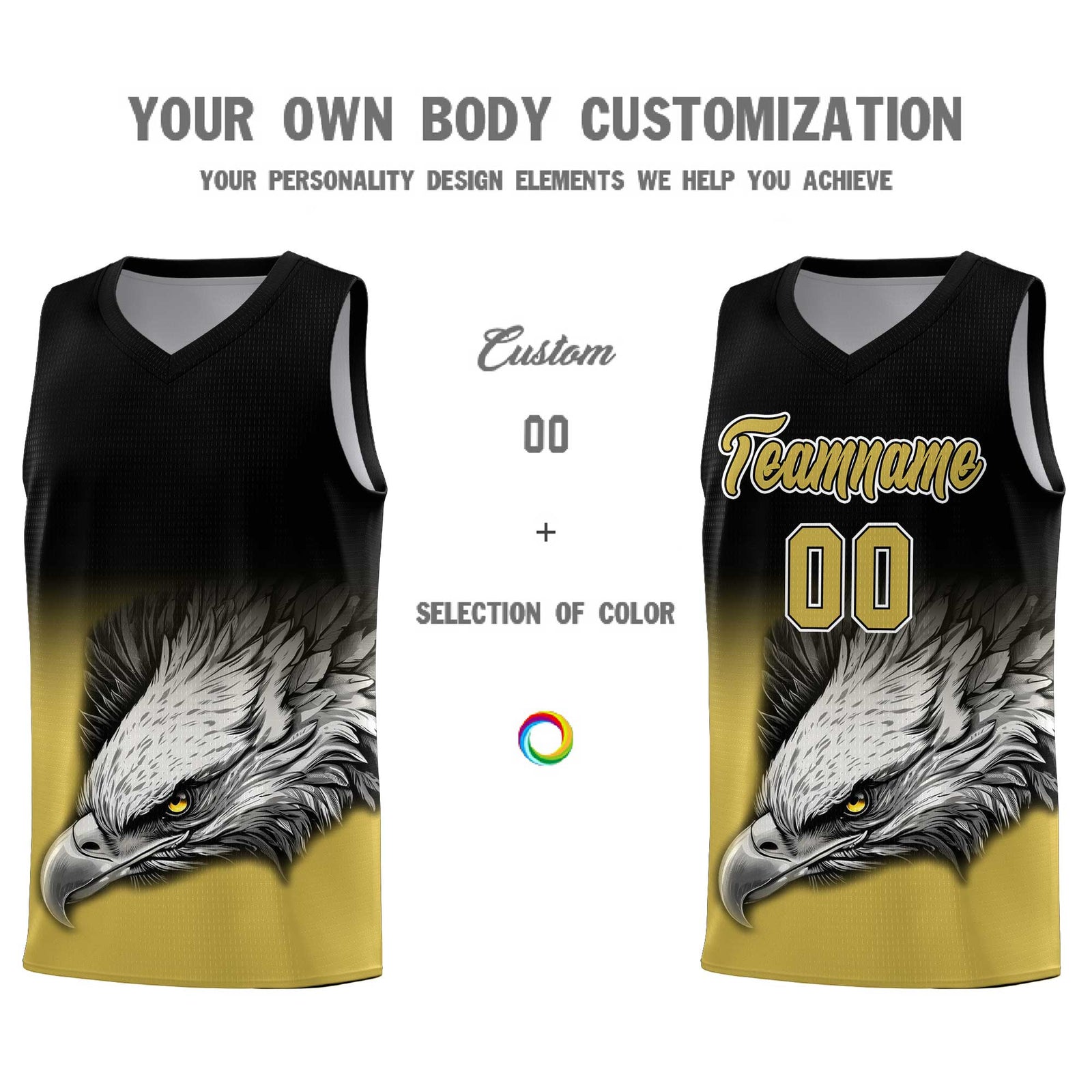 Custom Black Old Gold Basketball Kits with Eagle Pattern