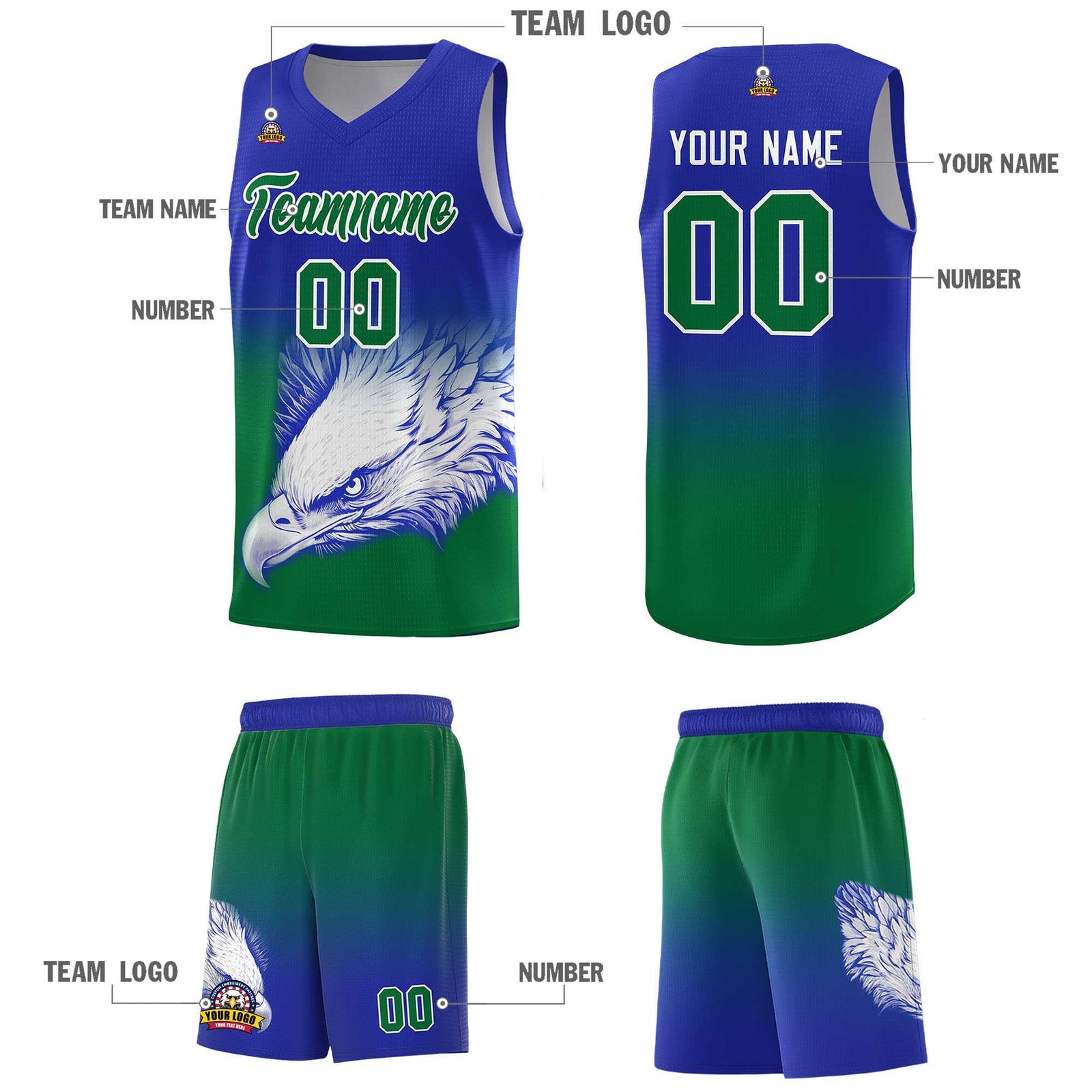 Custom Royal Kelly Green Basketball Kits with Eagle Pattern
