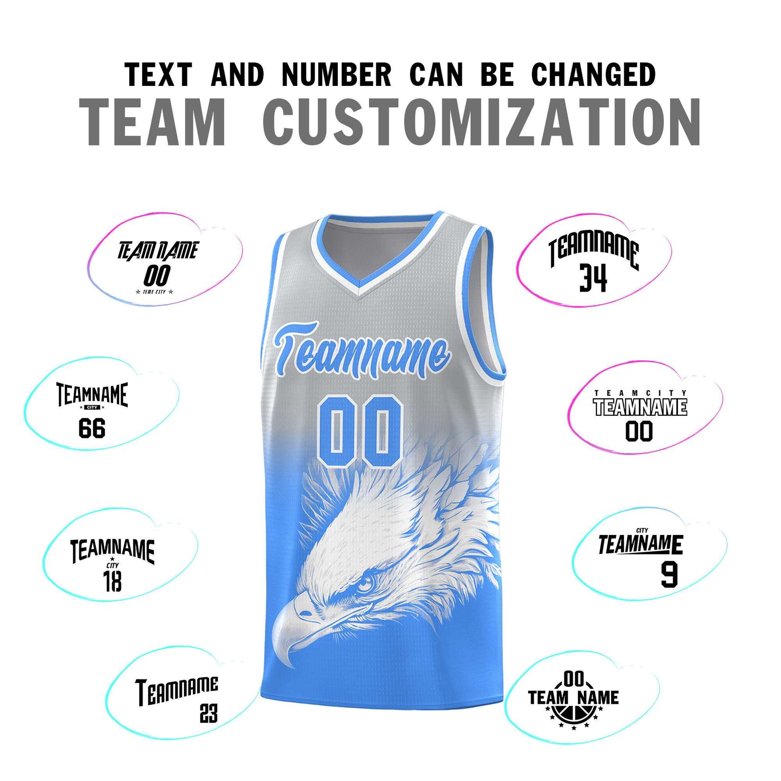 Custom Gray Powder Blue Basketball Kits with Eagle Pattern