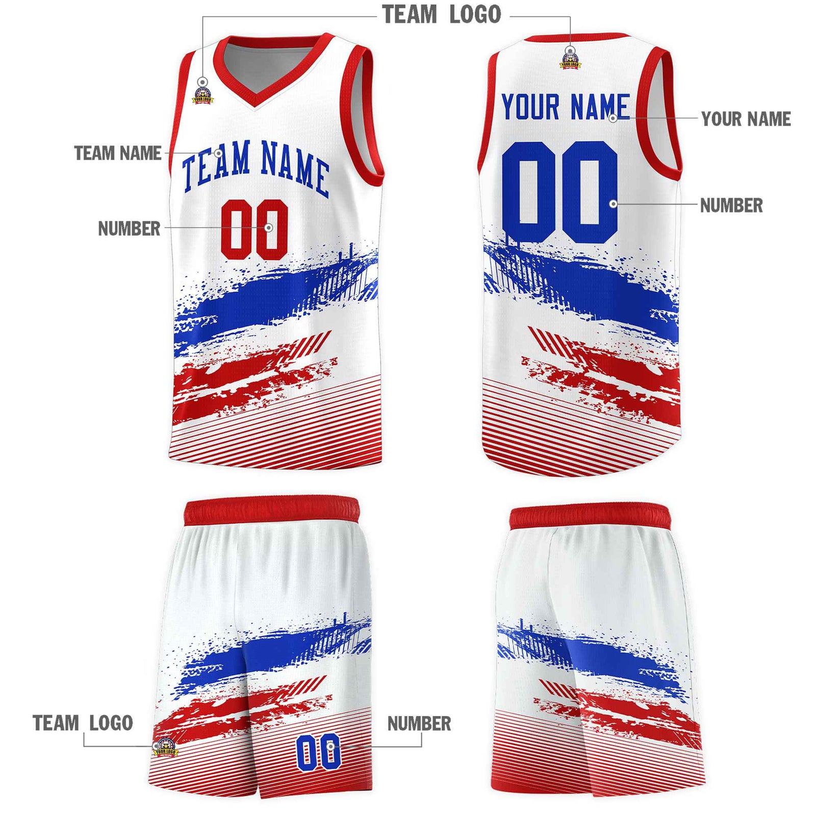 Custom White Royal and Red Graffiti Pattern Sports Uniform Basketball Jersey