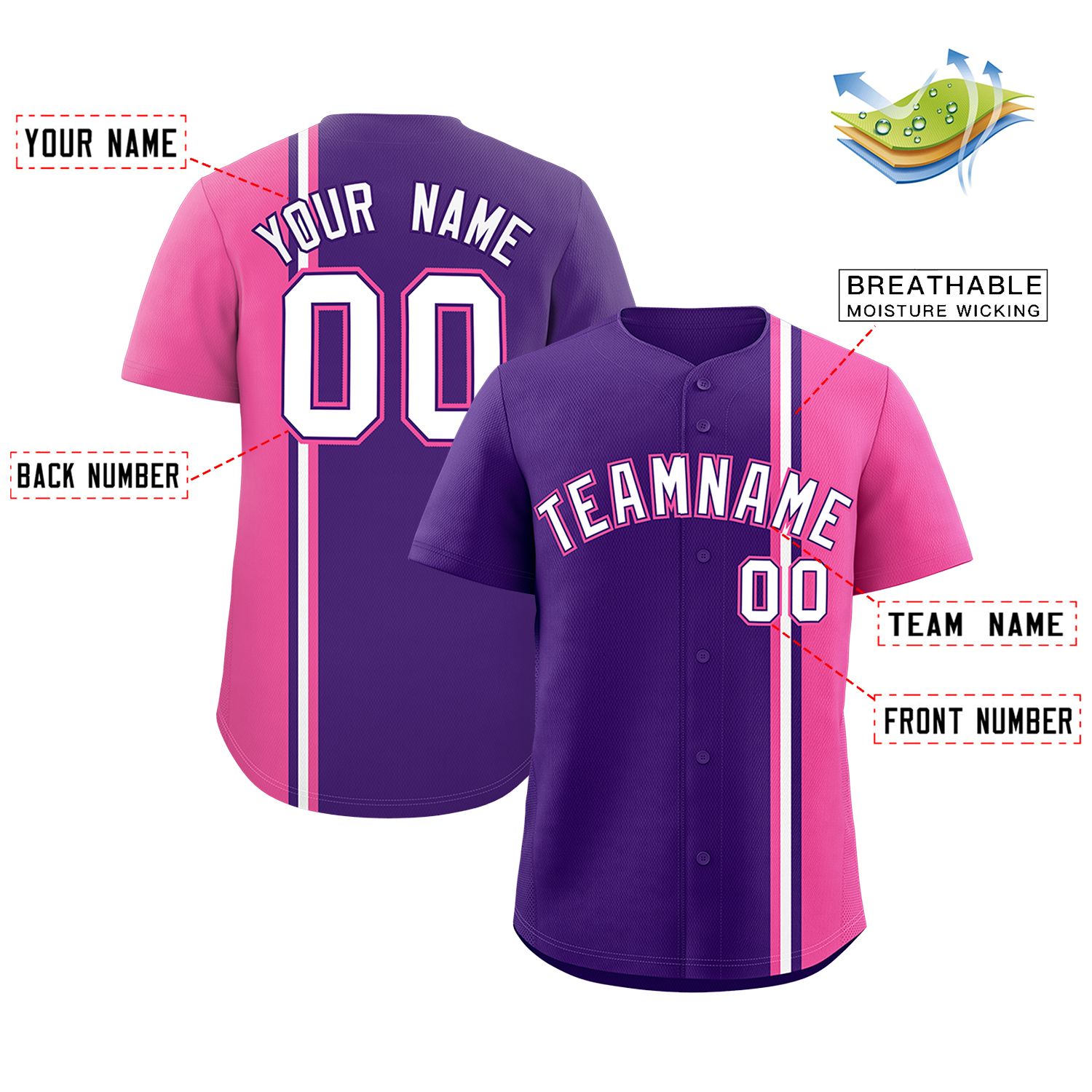 Custom Purple Pink-White Personalized Color Block Authentic Baseball jersey