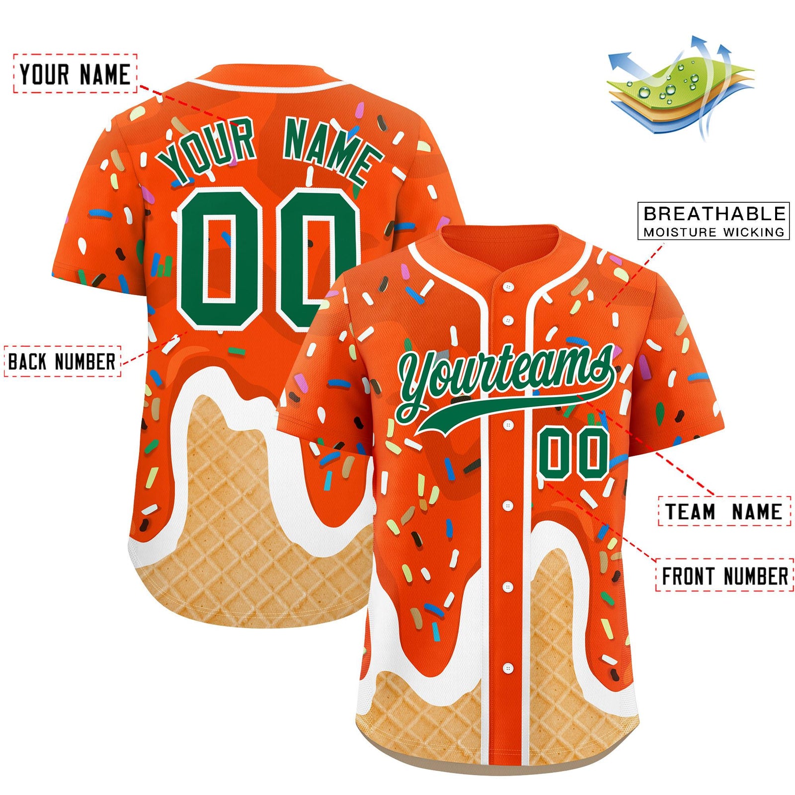 Custom Orange Ice Cream Cone Graffiti Pattern Fashion Authentic Baseball Jersey