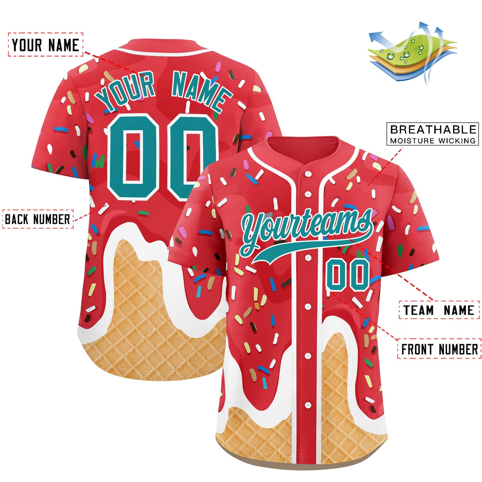 Custom Light Red Ice Cream Cone Graffiti Pattern Fashion Authentic Baseball Jersey