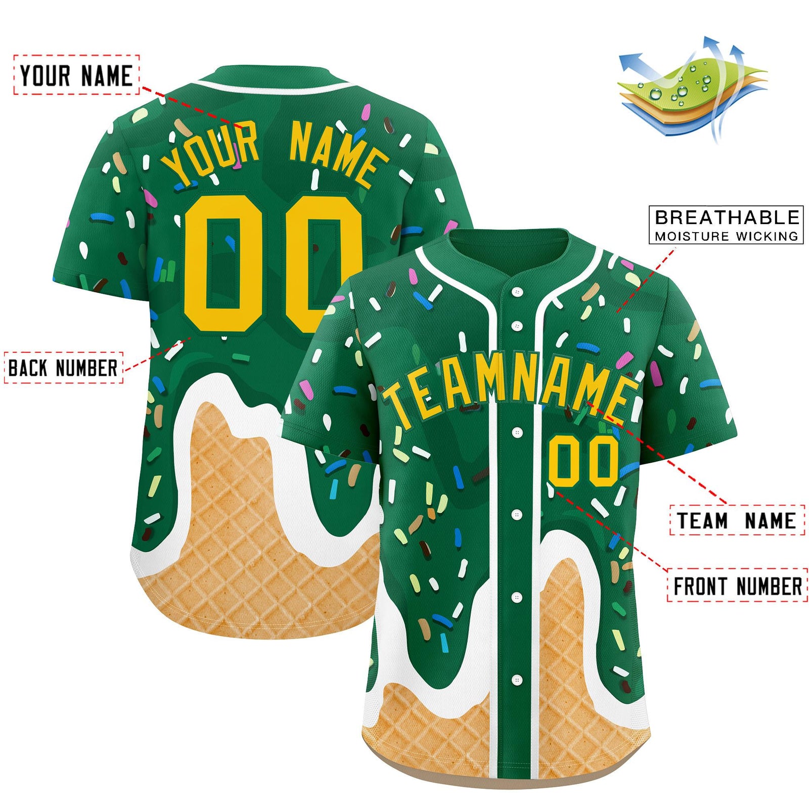Custom Kelly Green Ice Cream Cone Graffiti Pattern Fashion Authentic Baseball Jersey