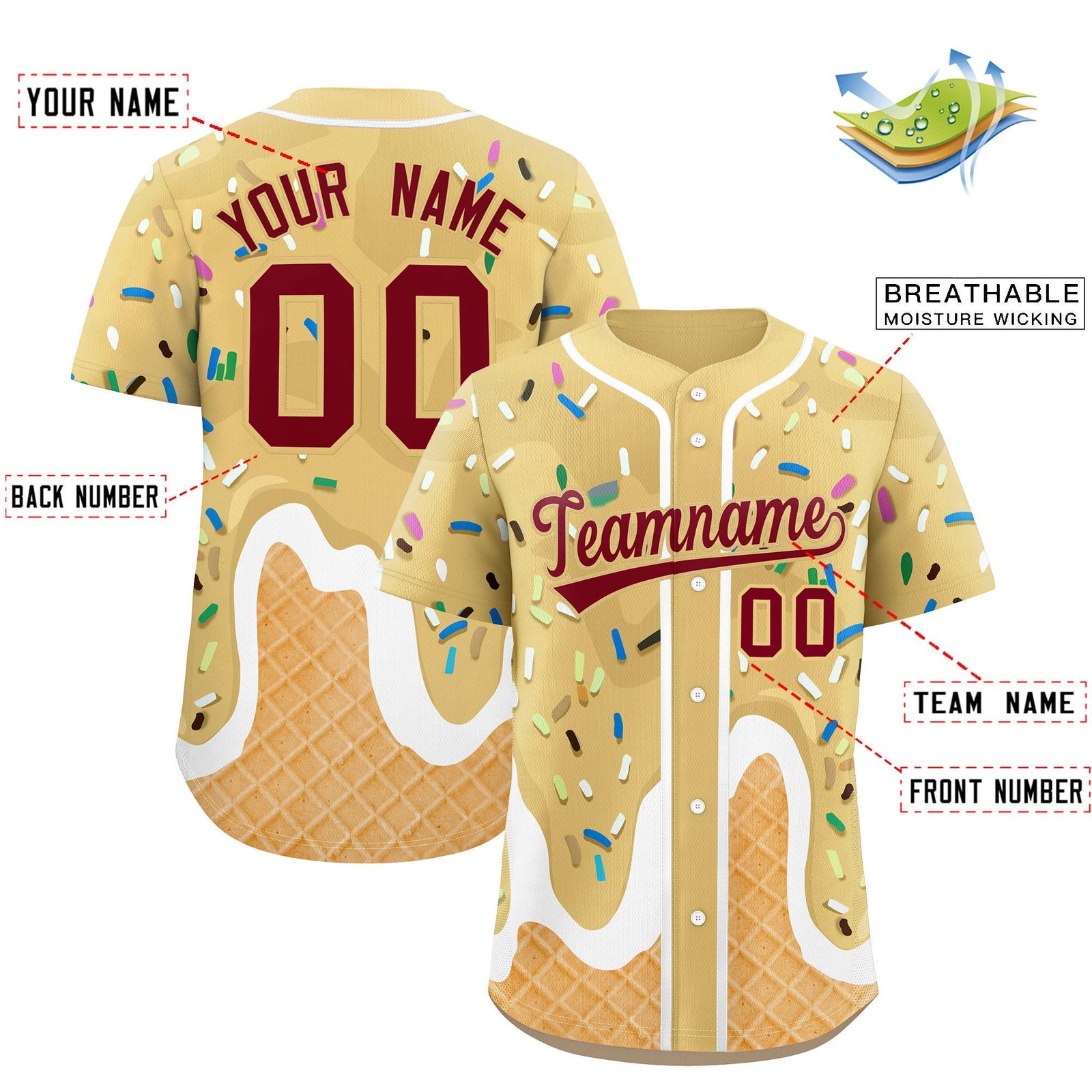 Custom Khaki Ice Cream Cone Graffiti Pattern Fashion Authentic Baseball Jersey