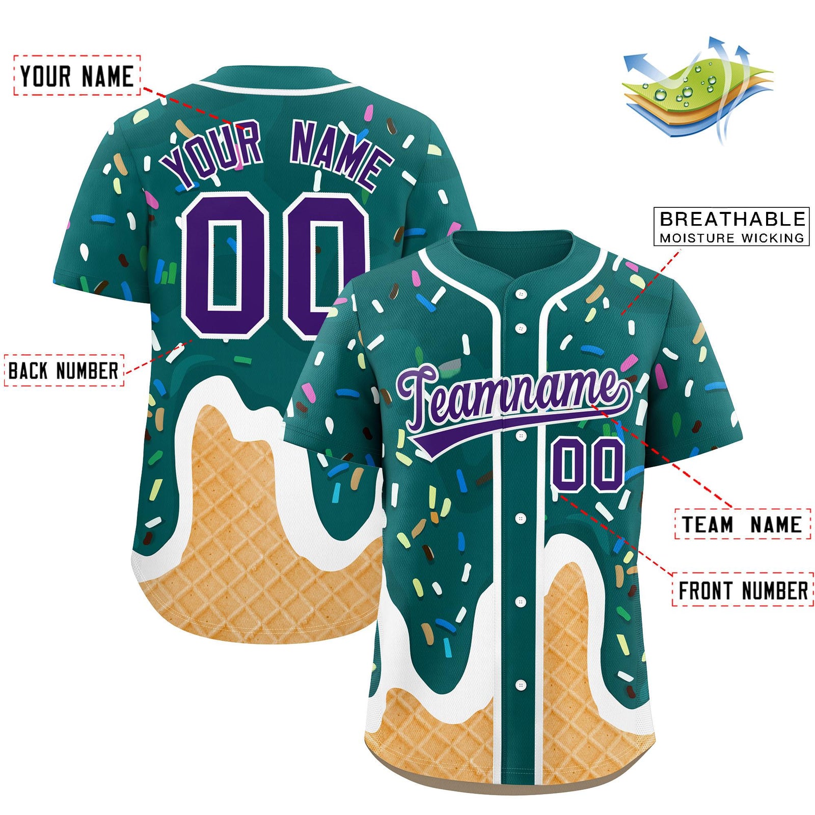 Custom Aqua Ice Cream Cone Graffiti Pattern Fashion Authentic Baseball Jersey