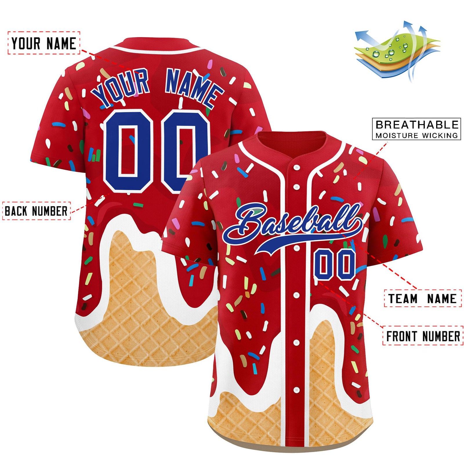 Custom Red Ice Cream Cone Graffiti Pattern Fashion Authentic Baseball Jersey