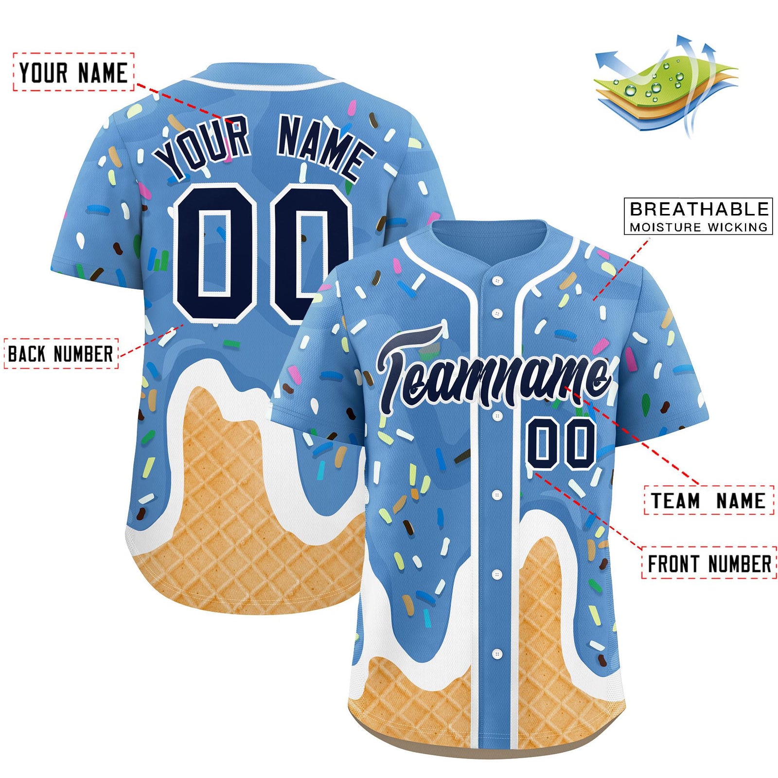 Custom Powder Blue Ice Cream Cone Graffiti Pattern Fashion Authentic Baseball Jersey