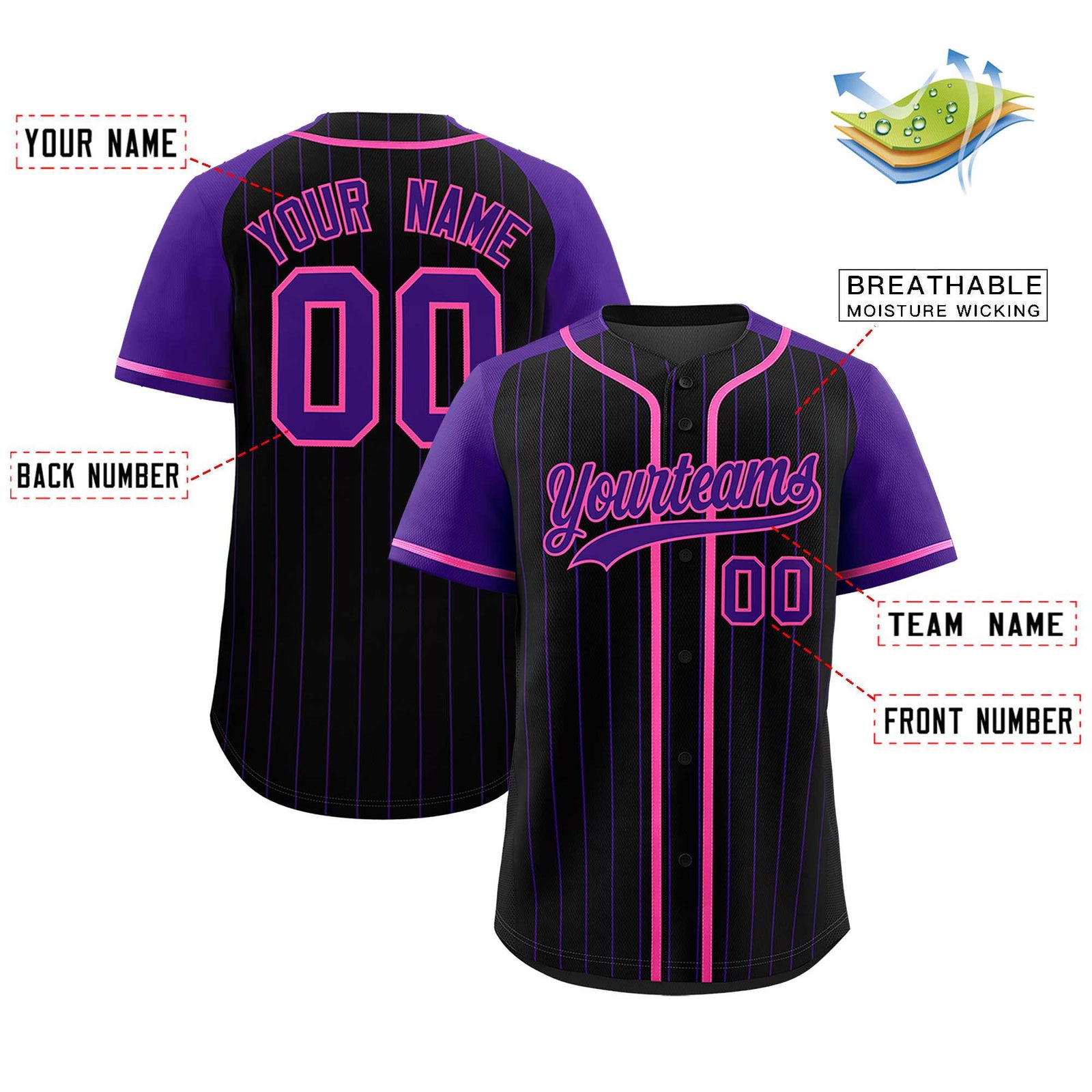 Custom Black Purple Stripe Fashion Raglan Sleeves Authentic Baseball Jersey