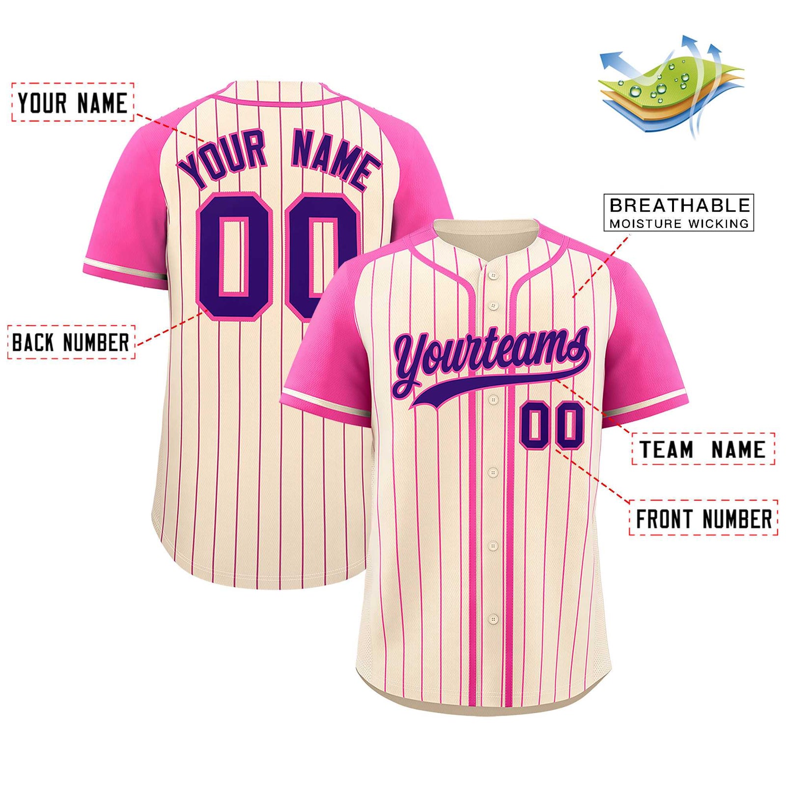 Custom Cream Pink Stripe Fashion Raglan Sleeves Authentic Baseball Jersey