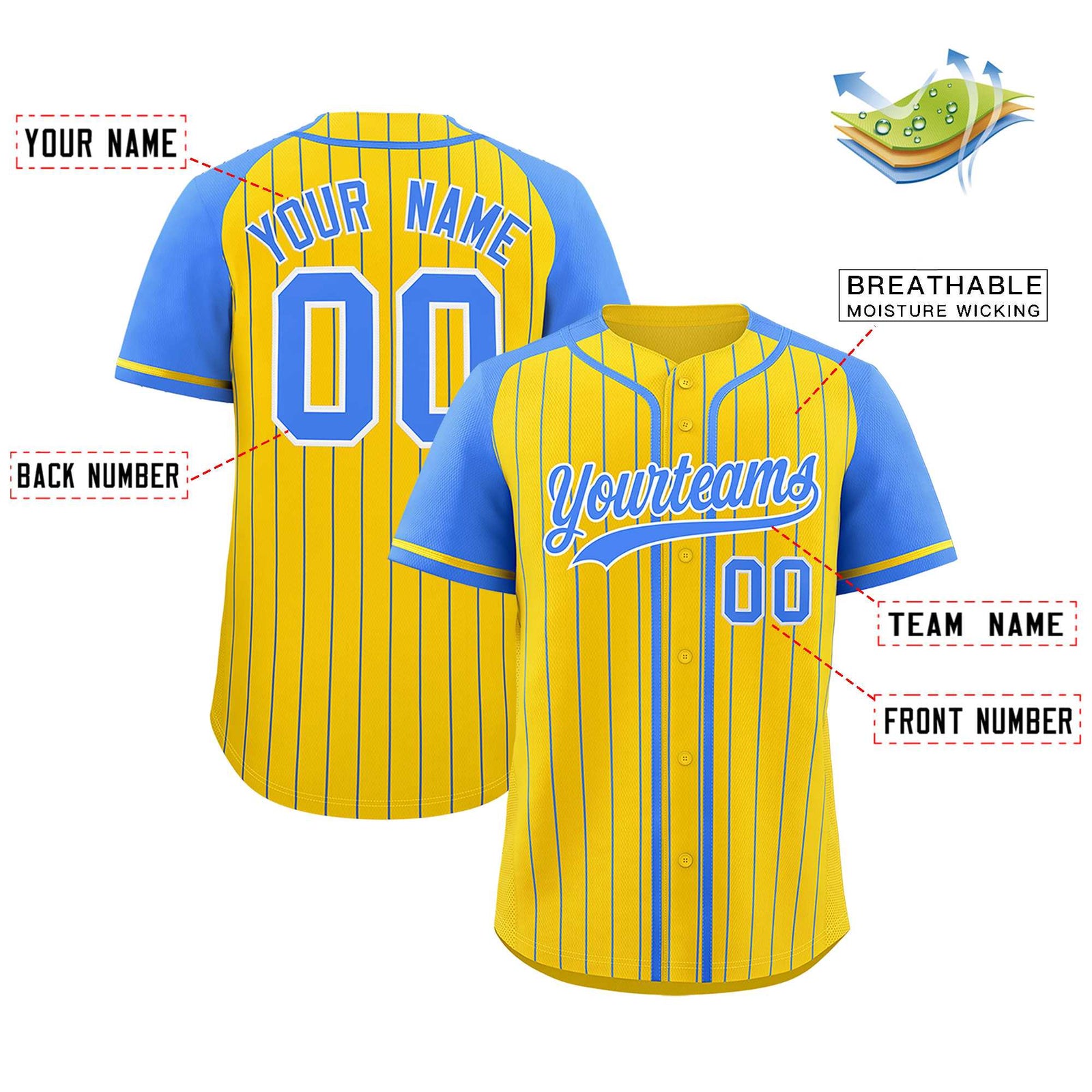 Custom Gold Powder Blue Stripe Fashion Raglan Sleeves Authentic Baseball Jersey