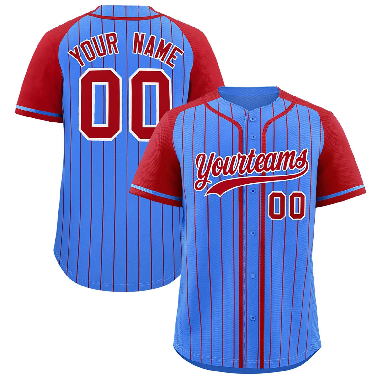 Custom Powder Blue Red Stripe Fashion Raglan Sleeves Authentic Baseball Jersey