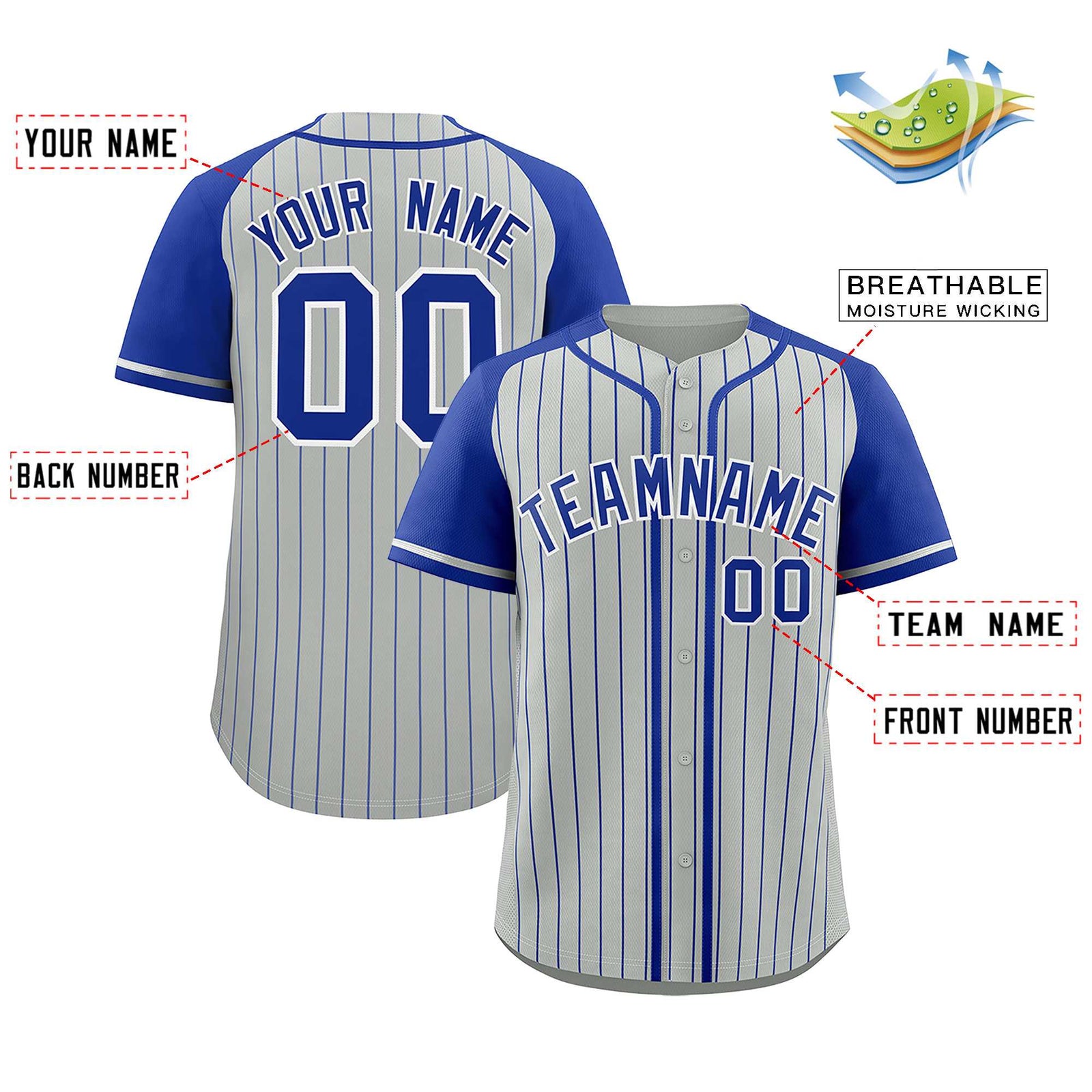 Custom Gray Royal Stripe Fashion Raglan Sleeves Authentic Baseball Jersey