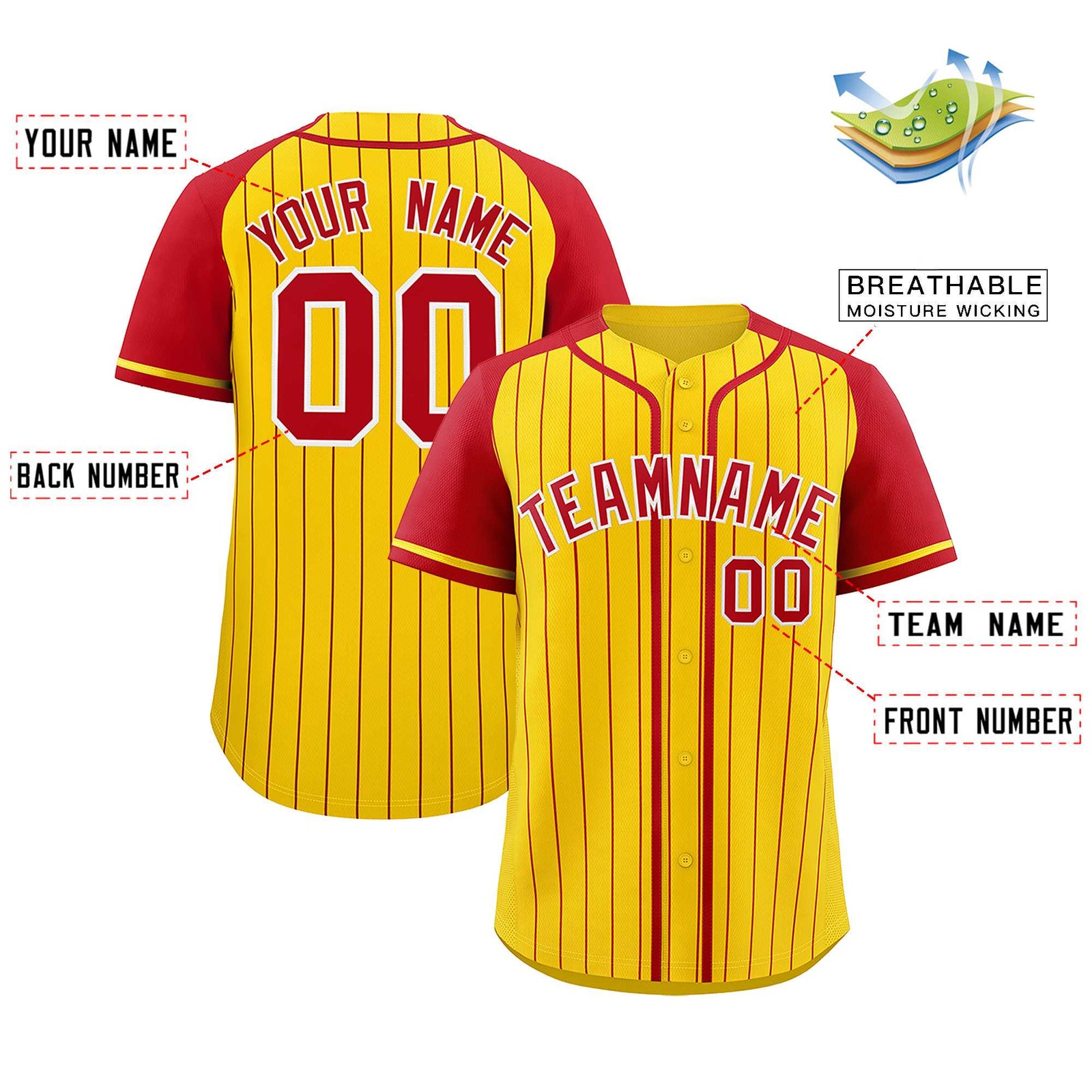 Custom Gold Red Stripe Fashion Raglan Sleeves Authentic Baseball Jersey