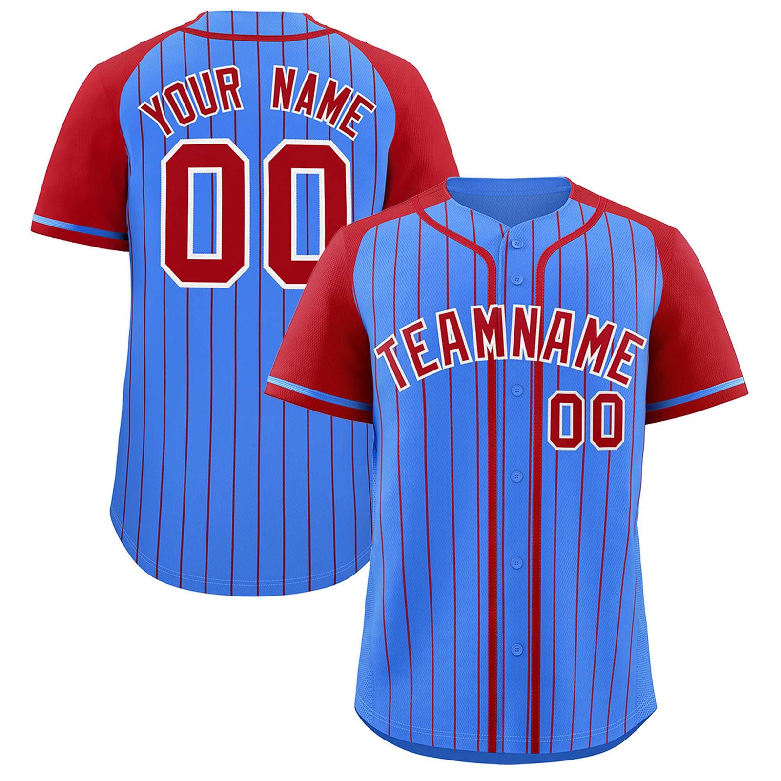 Custom Powder Blue Red Stripe Fashion Raglan Sleeves Authentic Baseball Jersey