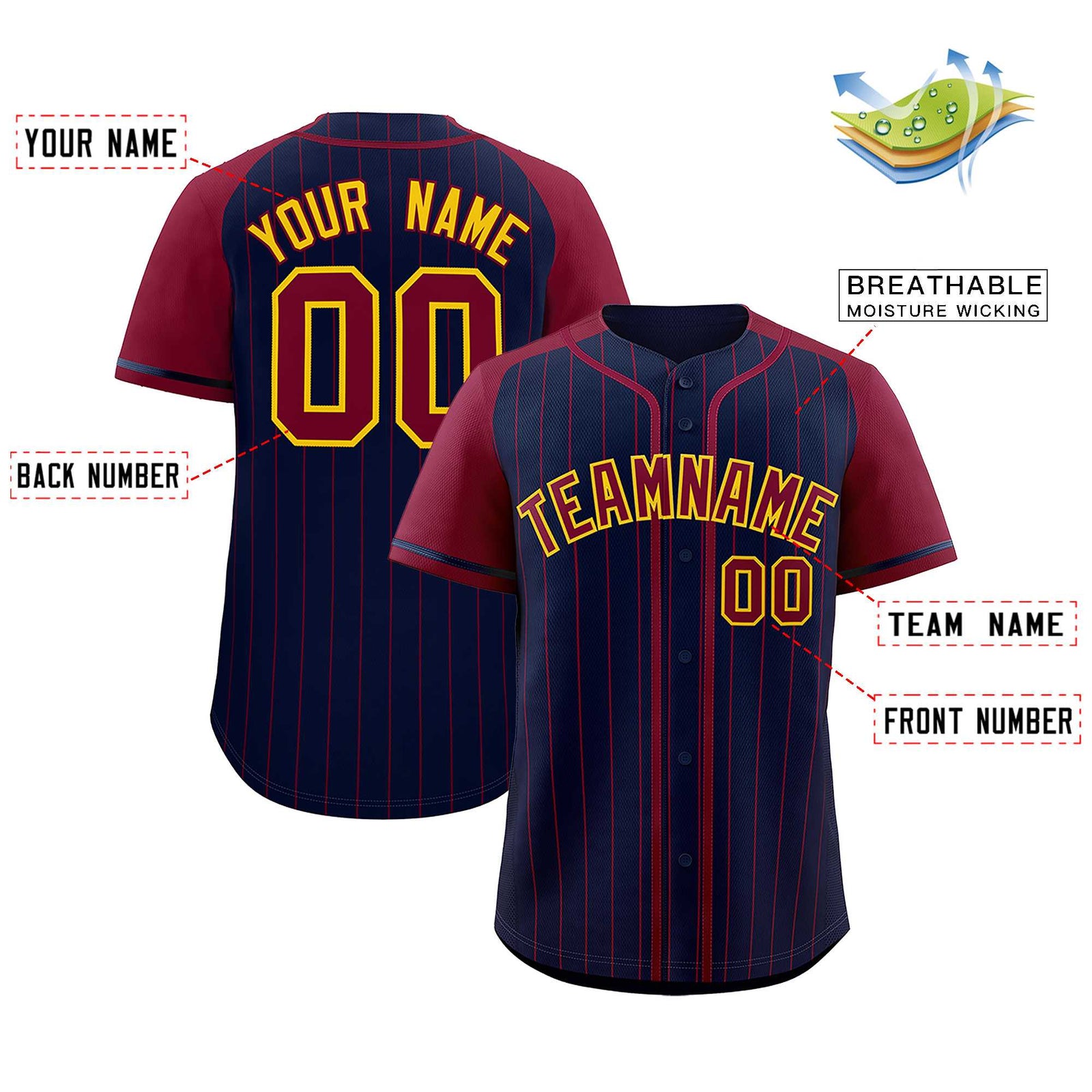 Custom Navy Crimson Stripe Fashion Raglan Sleeves Authentic Baseball Jersey