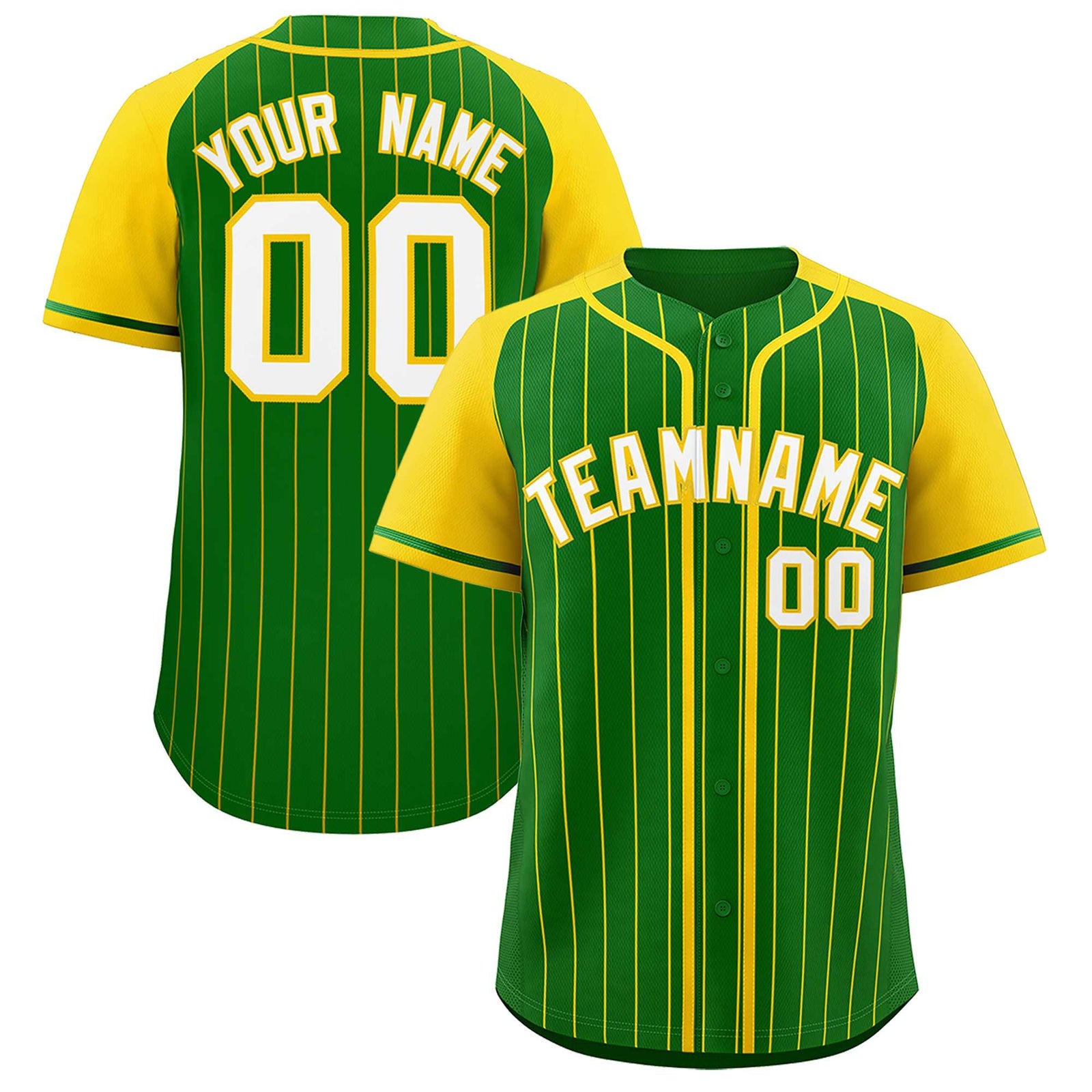 Custom Kelly Green Gold Stripe Fashion Raglan Sleeves Authentic Baseball Jersey