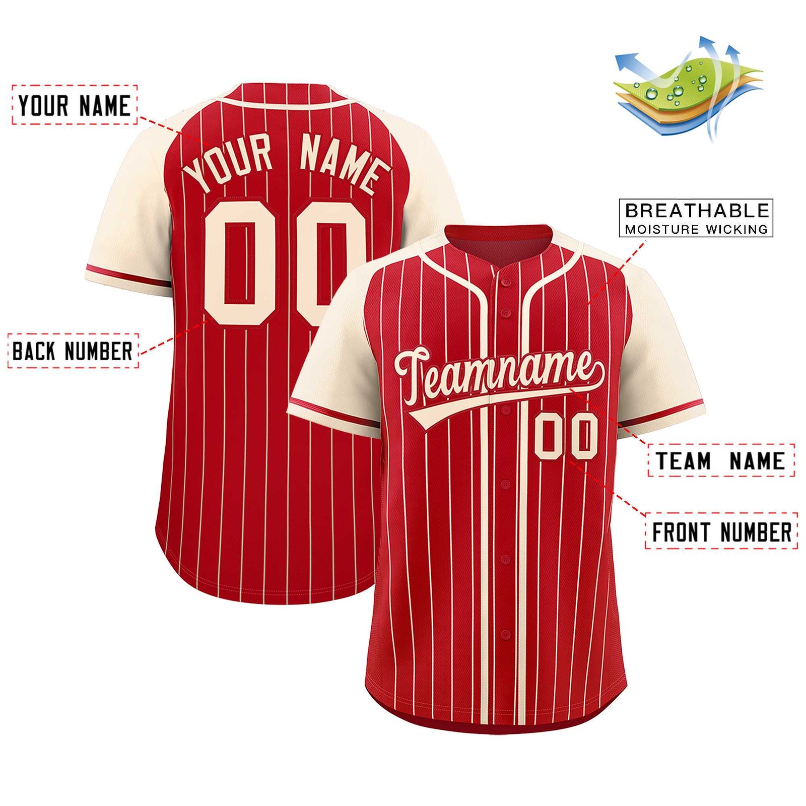 Custom Red Cream Stripe Fashion Raglan Sleeves Authentic Baseball Jersey
