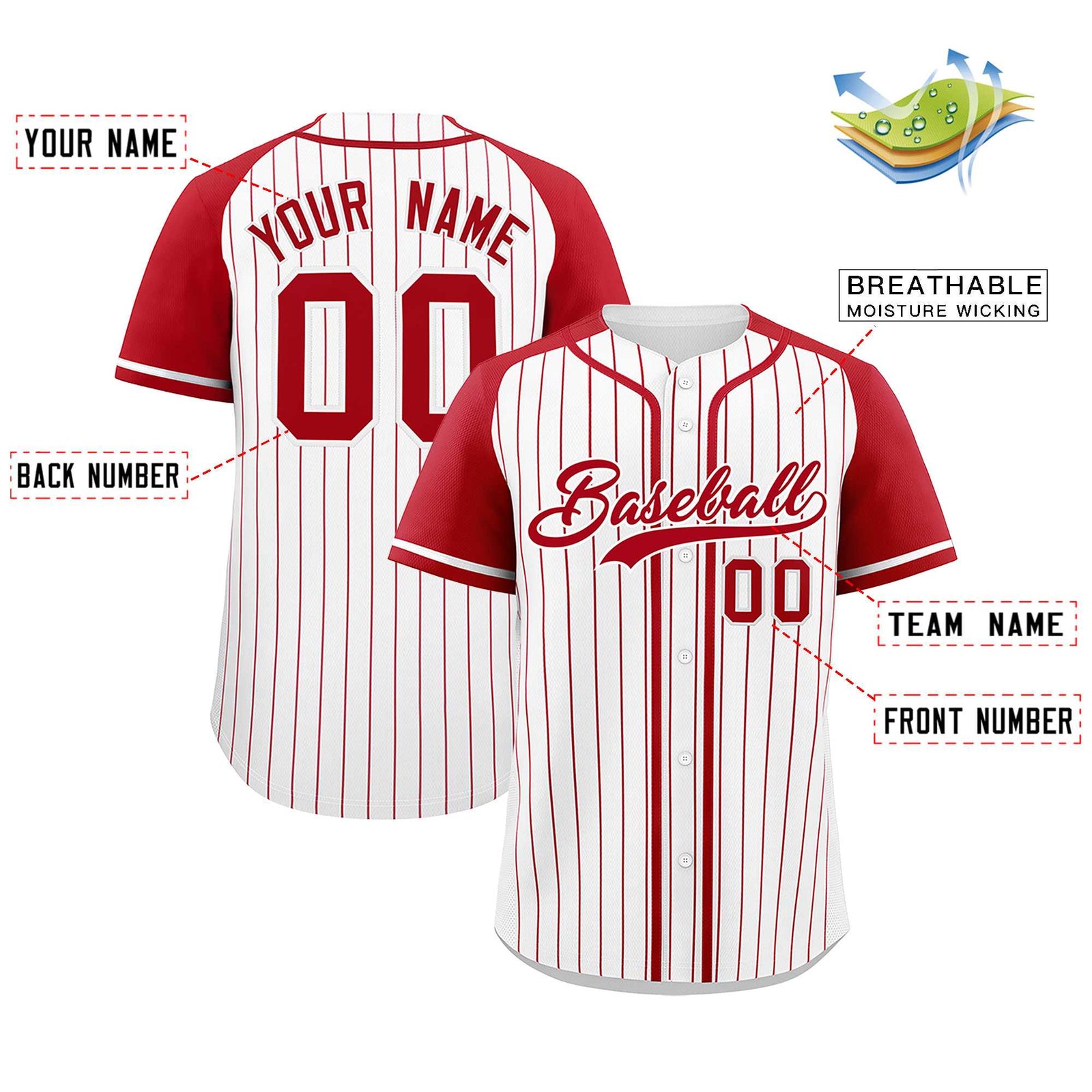 Custom White Red Stripe Fashion Raglan Sleeves Authentic Baseball Jersey