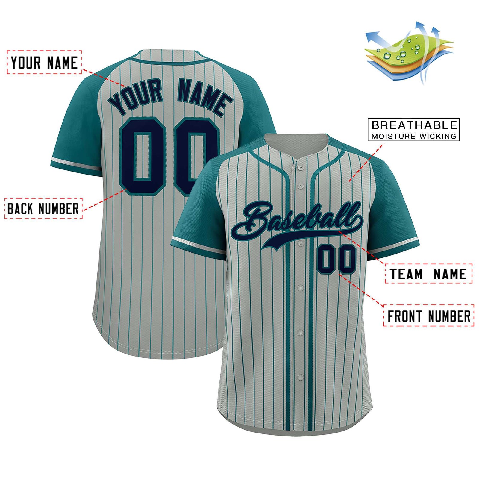 Custom Gray Aqua Stripe Fashion Raglan Sleeves Authentic Baseball Jersey