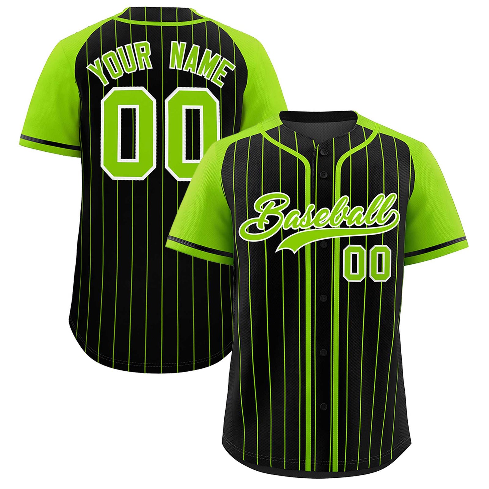 Custom Black Neon Green Stripe Fashion Raglan Sleeves Authentic Baseball Jersey