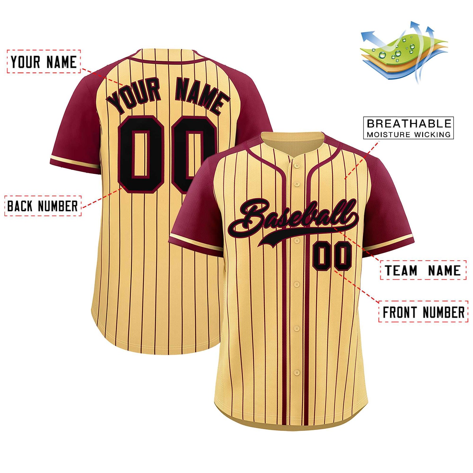 Custom Khaki Crimson Stripe Fashion Raglan Sleeves Authentic Baseball Jersey