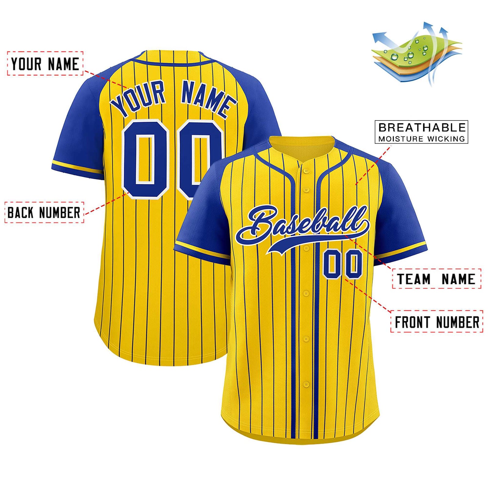 Custom Gold Royal Stripe Fashion Raglan Sleeves Authentic Baseball Jersey